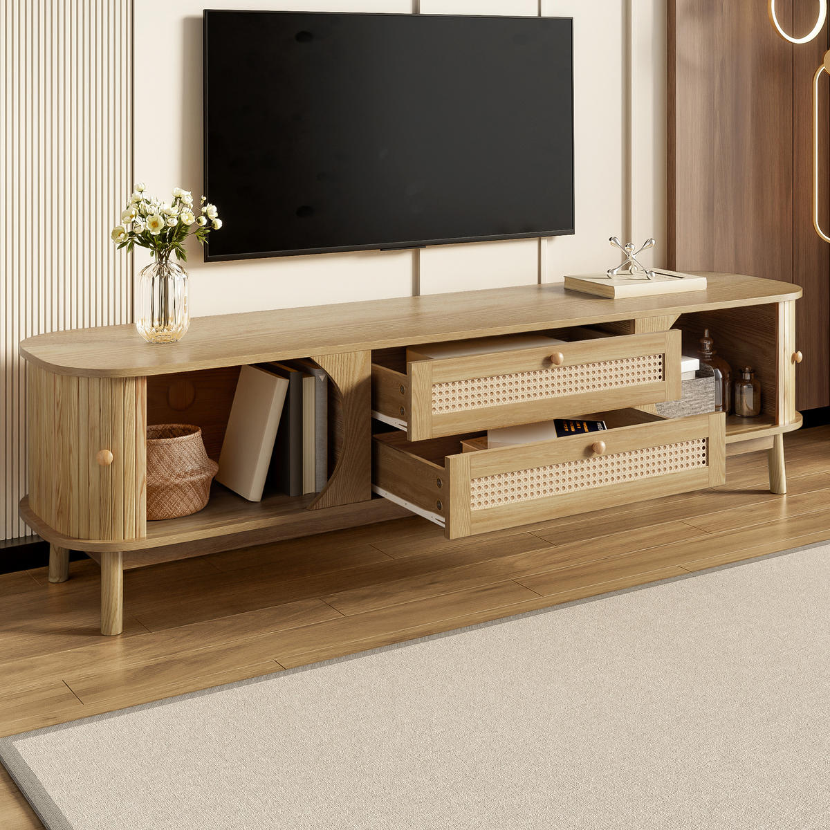 TV-SCHRANK Holz Rattan Türen Schubladen Landhaus modern - Naturfarben, Holzwerkstoff (39.5/46/170cm) - FLIEKS