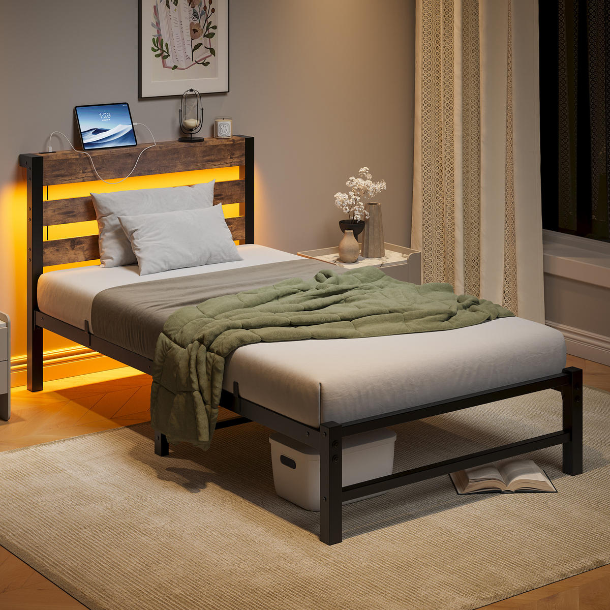 METALLBETT 90/200 cm in Schwarz & Braun mit LED, USB und Ablage - Schwarz, Holzwerkstoff/Metall (90/200cm) - WISHDOR