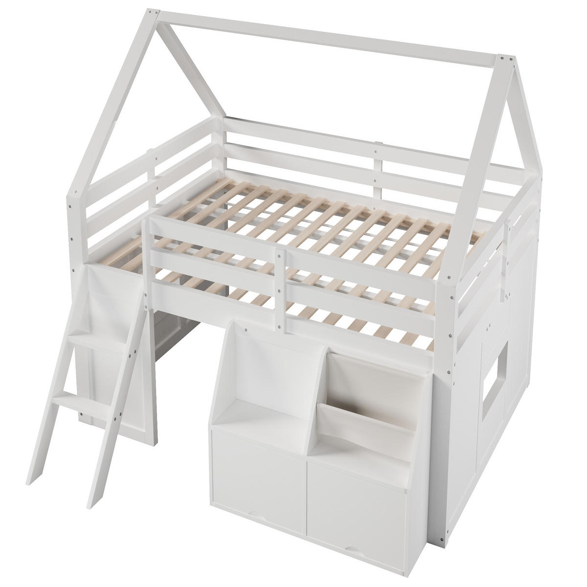 HOCHBETT aus Holz 140x200 cm Weiß mit Treppe, LED-Beleuchtung, Aufbewahrungsboxen und Stofftaschen - Weiß, Holz (140/200cm) - Modfu