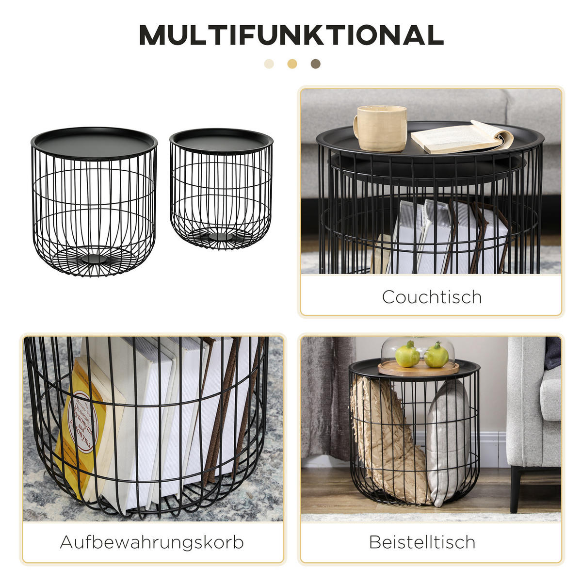 COUCHTISCH-SET 40/40/40 cm & 35/35/35 cm stapelbar mit Stauraum und abnehmbarer Platte, Schwarz - Schwarz, Metall (40/40/40cm) - Redom