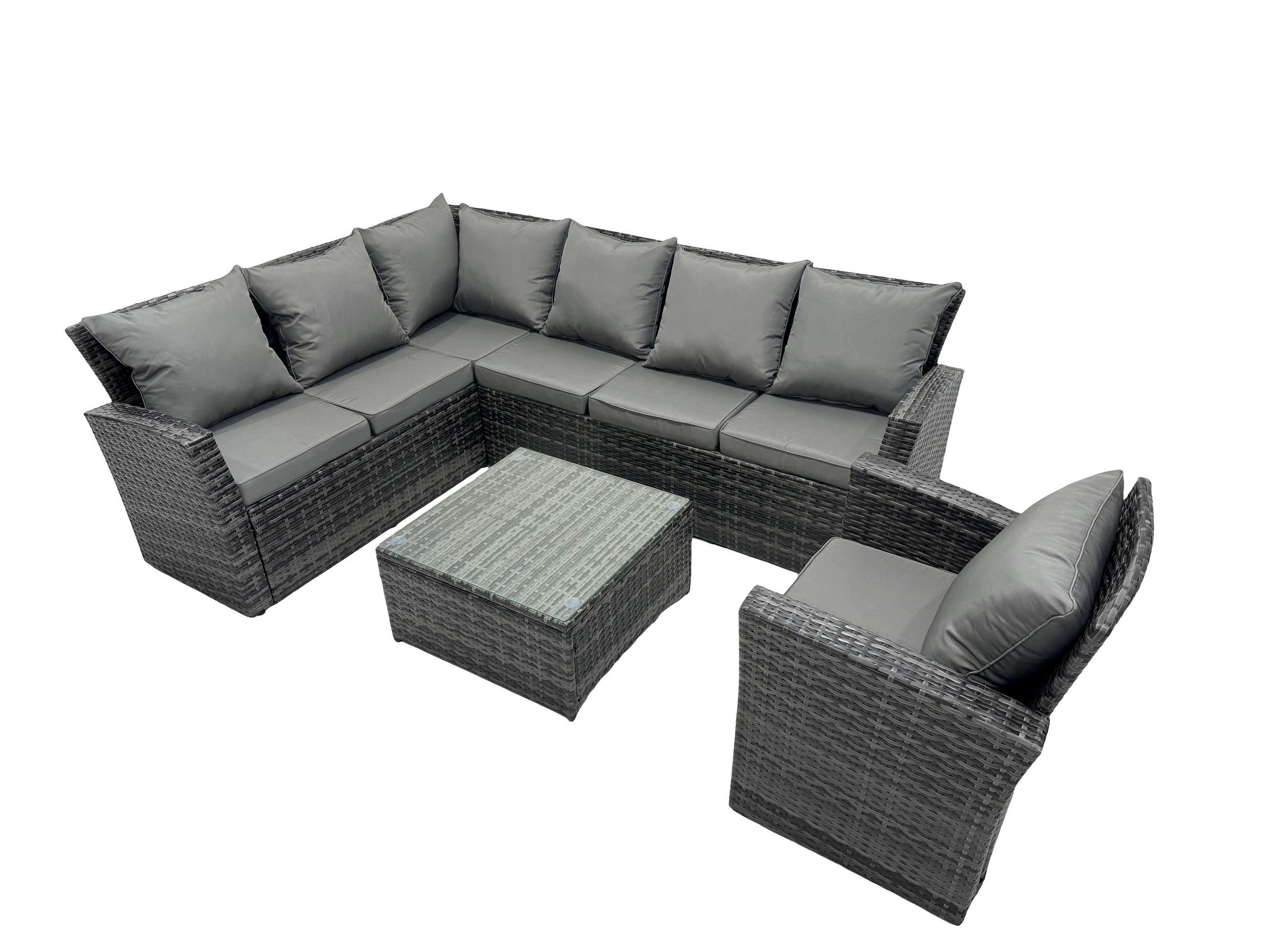 GARTENLOUNGE mit Ecksofa Polyrattan Dunkelgrau 7-Sitzer - Dunkelgrau/Grau, Glas/Kunststoff - Fimous