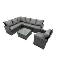 GARTENLOUNGE mit Ecksofa Polyrattan Dunkelgrau 7-Sitzer - Dunkelgrau/Grau, Glas/Kunststoff - Fimous