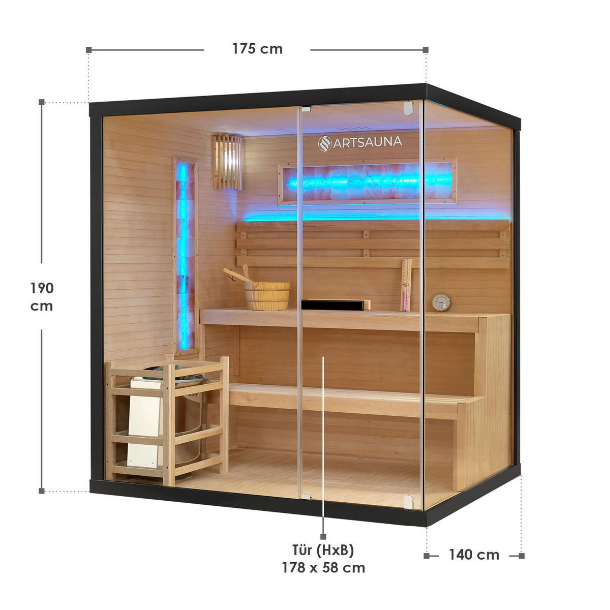 SAUNA Vantaa 175 x 140 cm mit 8 kW Saunaofen - Naturfarben, Holz (140/190/175cm) - Artsauna