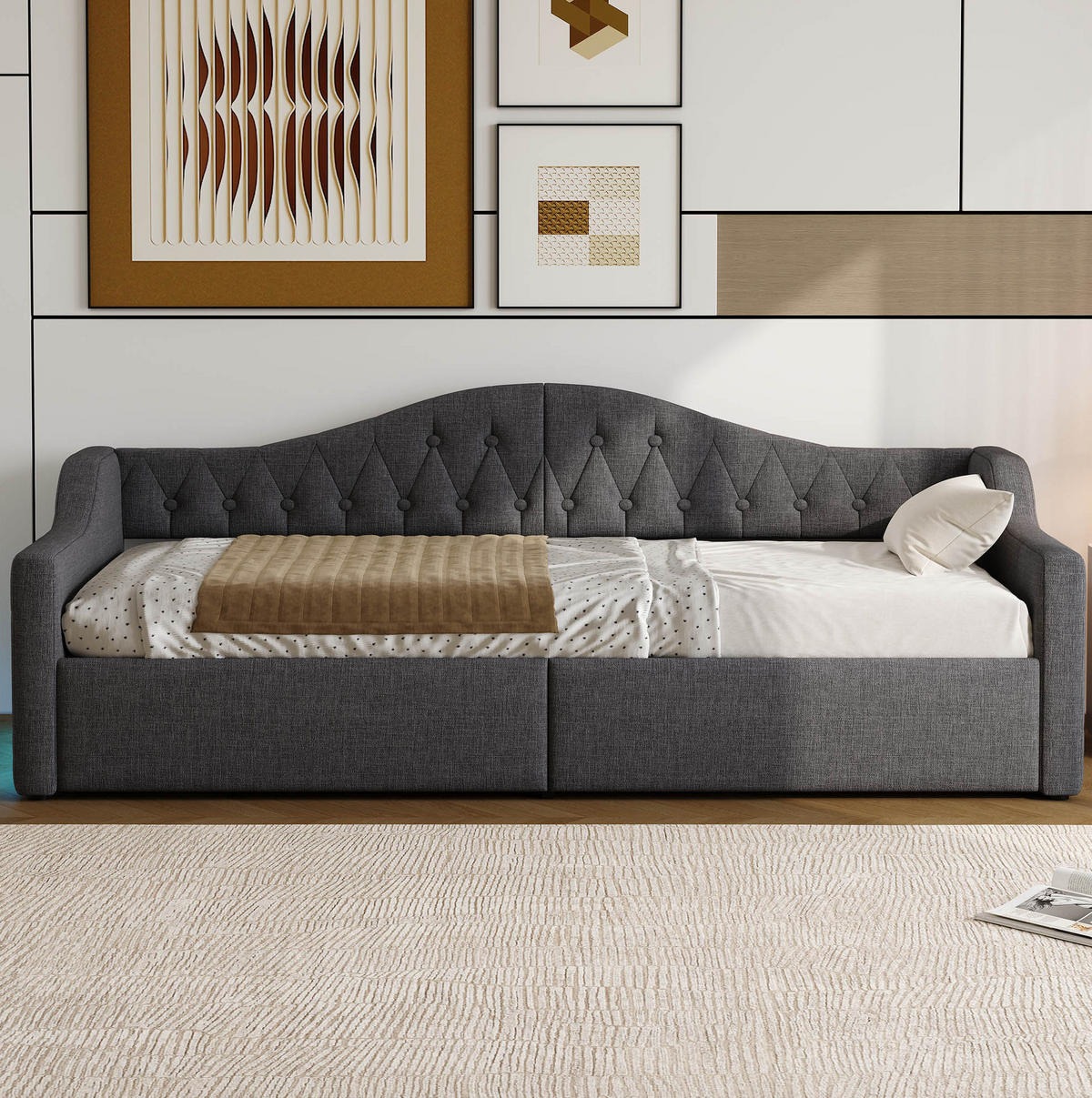 POLSTERBETT 90/200 cm aus MDF und Sperrholz mit Leinenbezug LED-Beleuchtung und Stauraum Grau - Grau, Holzwerkstoff (90/200cm) - Modenvie
