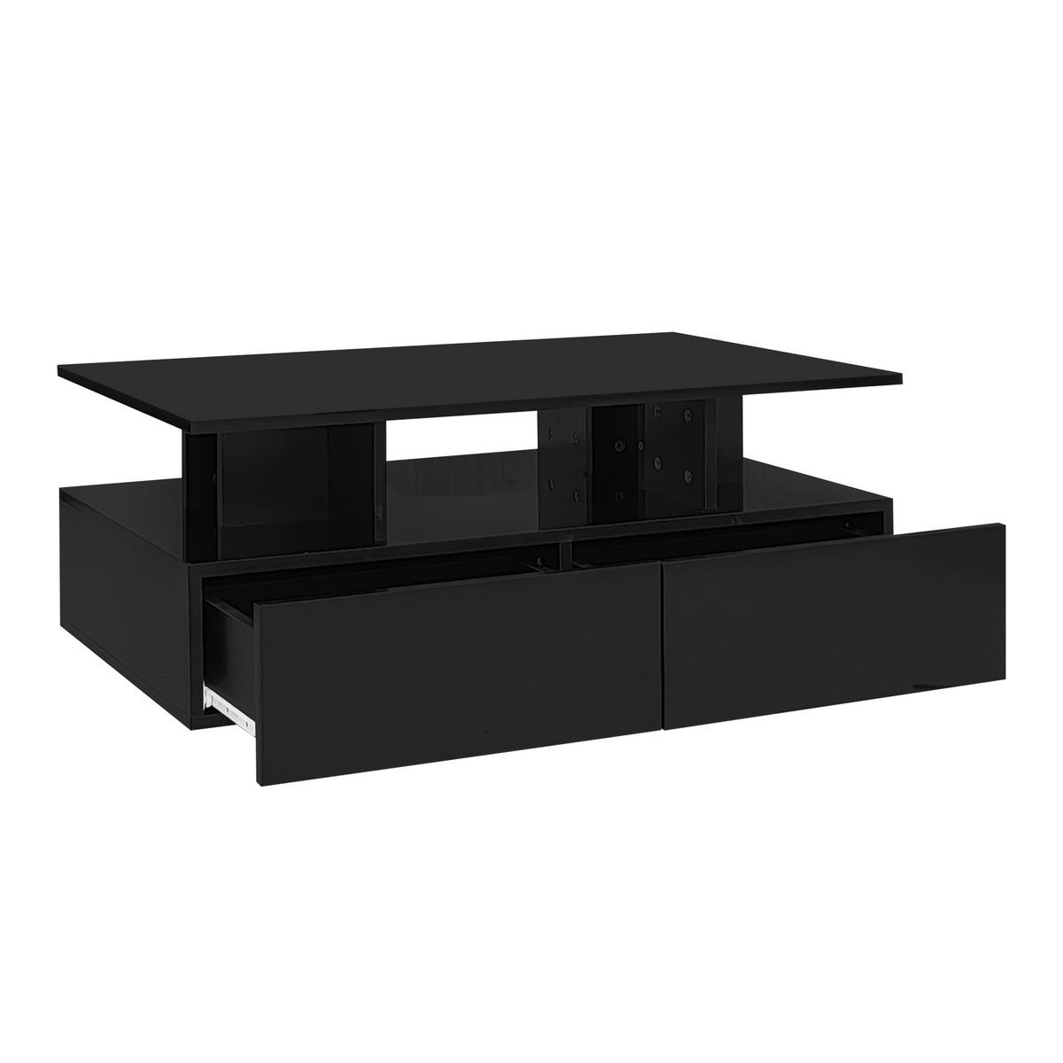 COUCHTISCH 90/55/41 cm hochglanz schwarz mit LED-Beleuchtung und 2 Schubladen - Schwarz, Holzwerkstoff (90/55/41cm) - OKWISH