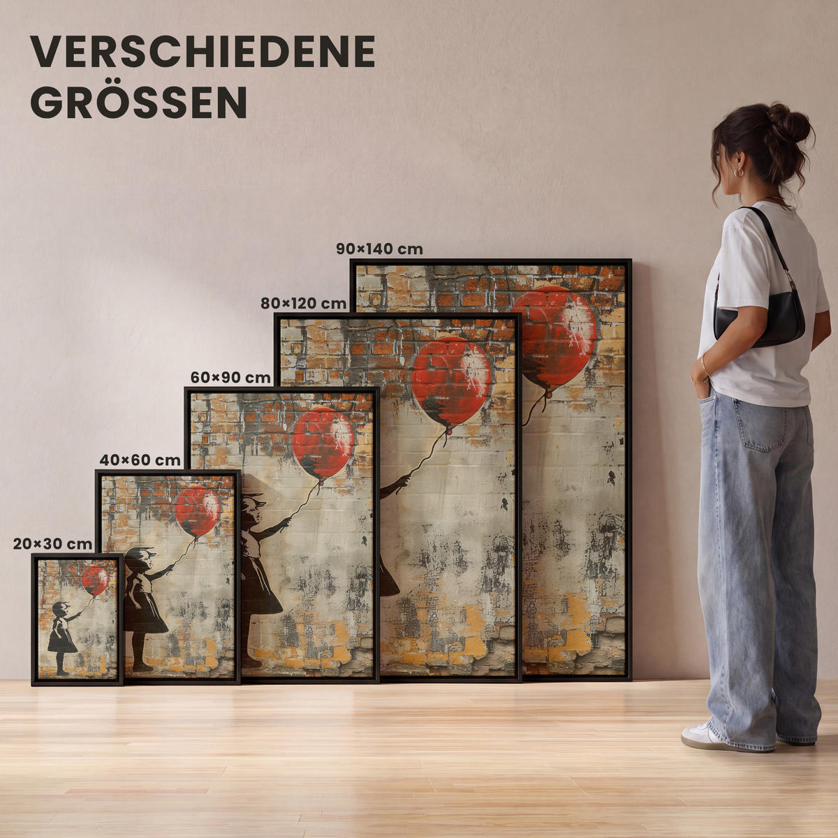 LEINWAND Bilder mit Rahmen - Graffiti - Banksy - Mädchen - Straßenkunst - 60x90 - Sandfarben, Textil (60/90cm) - MuchoWow