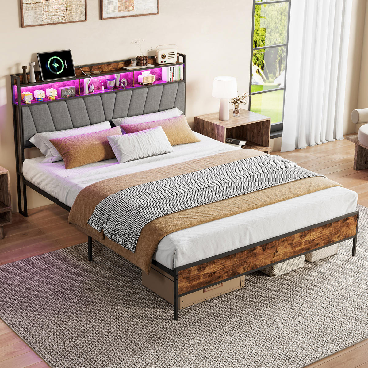 BETT 160x200cm mit Metall-Lattenrost, Doppelbett mit USB und LED, Polsterkopfteil - Multicolor, Holz/Metall (160/200cm) - GENKI LIVING