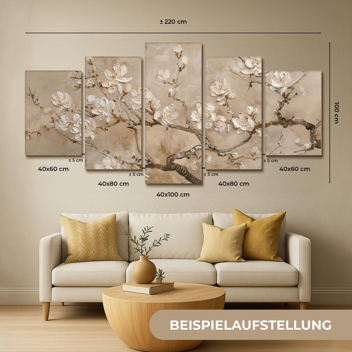 OBRAZ NA PLÁTNĚ 5dílná sada Béžová - Blossom - Moderní 200x100 cm - béžová, textil (200/100cm) - MuchoWow