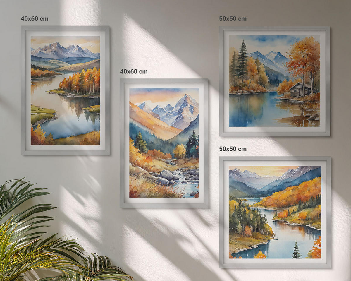 WANDBILDER 4er Set - 50x50 cm & 40x60 cm Silberner Rahmen - Bergblick, Fluss, Herbst - Silberfarben, Kunststoff (50/50cm) - ArtPrintCave