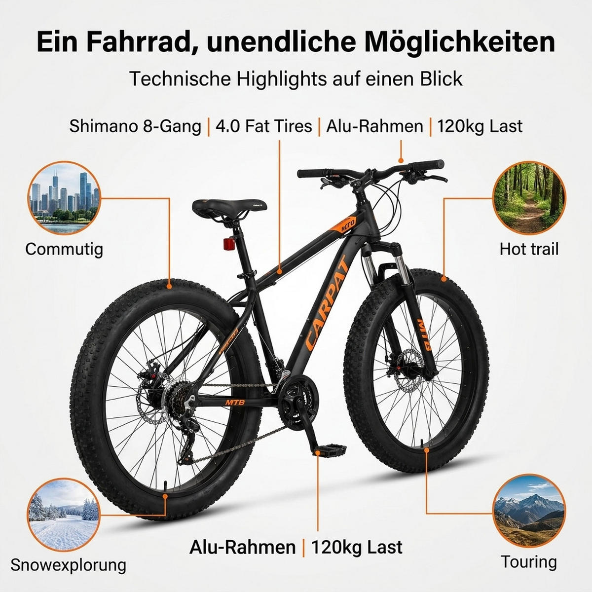 MOUNTAINBIKE 26 Zoll Schwarz – 4.0 Zoll Fettreifen – 2x8 Gangschaltung – Aluminiumlegierung - Schwarz/Orange, Metall (24cm) - Oxeza