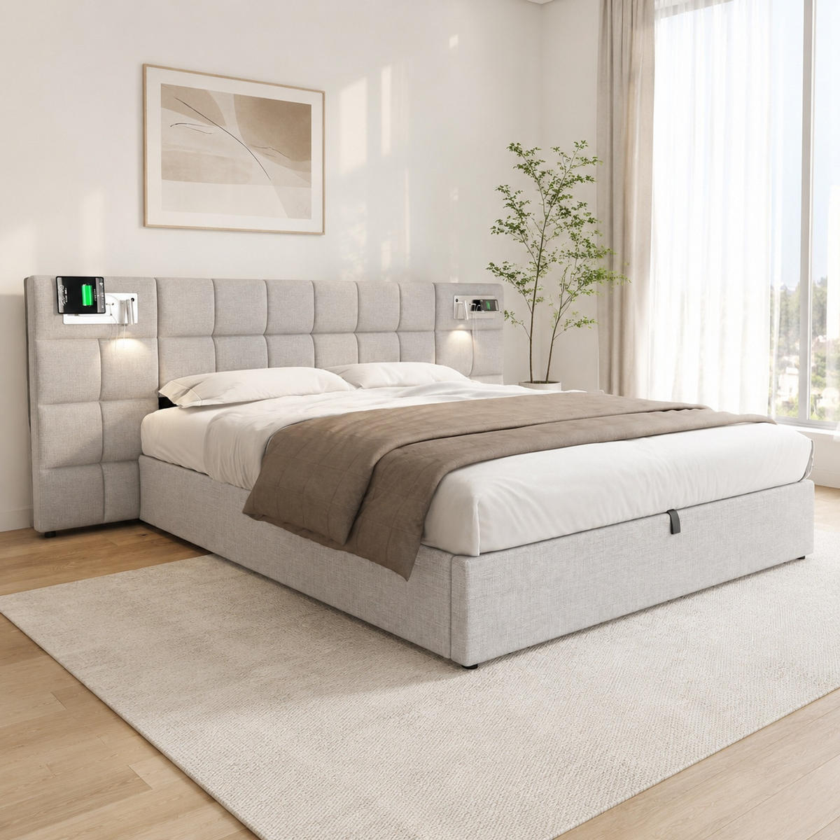 POLSTERBETT 180/200 mit Bettkasten, USB und Wireless Charging in Grau - Grau, Holzwerkstoff/Textil (180/200cm) - EVRYAE