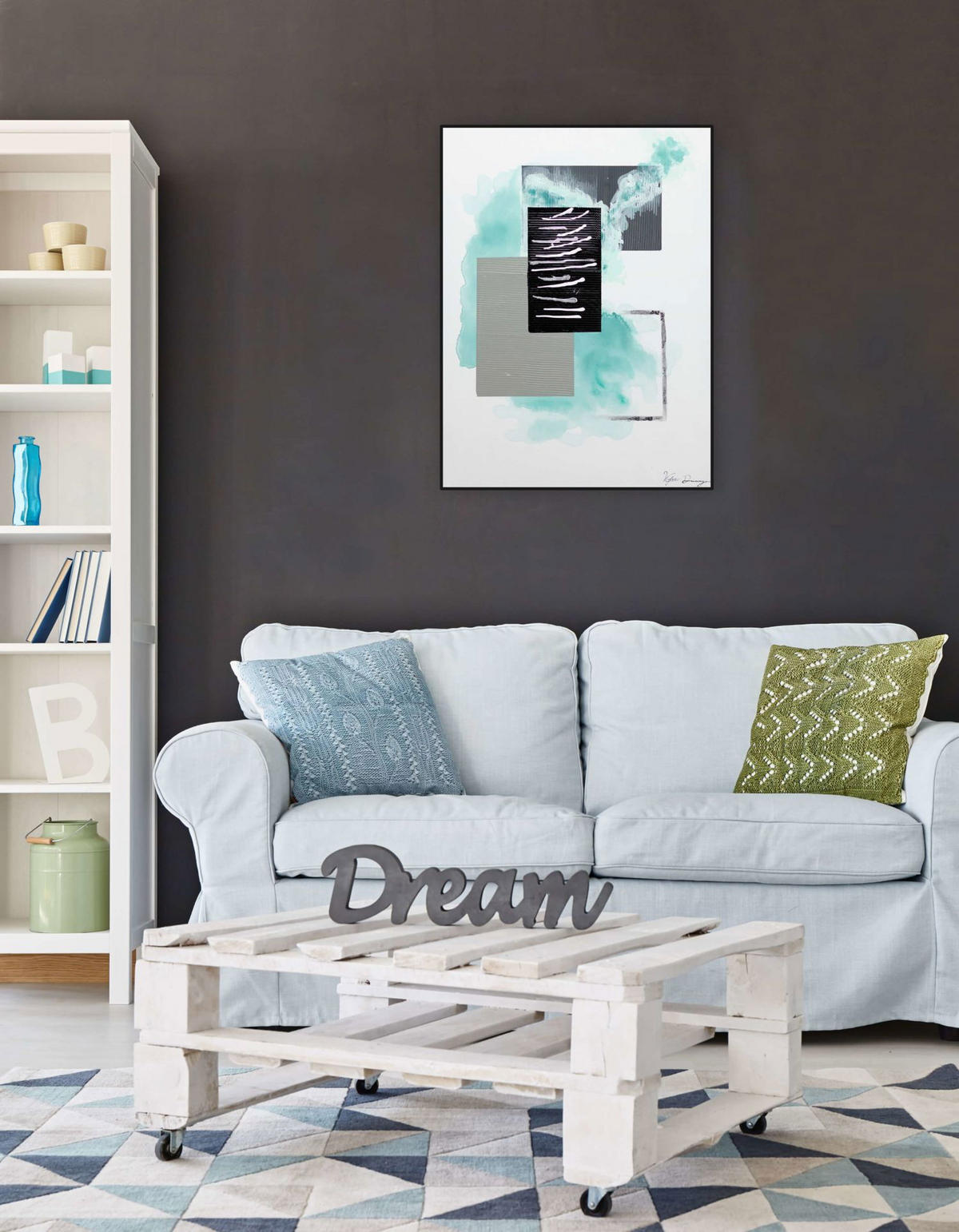 ACRYLBILD HANDGEMALT 60/80 cm - Türkis/Grau, Holz/Textil (1.7/80cm) - KUNSTLOFT