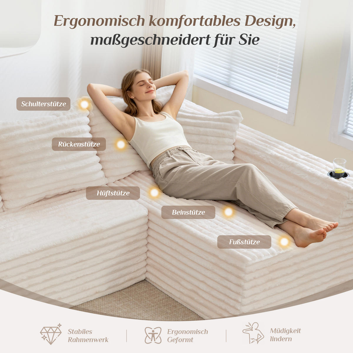 WOHNLANDSCHAFT 320/155/88 cm Beige mit Getränkehalter und Seitentasche - Beige, Textil (320/88/155cm) - Oxeza