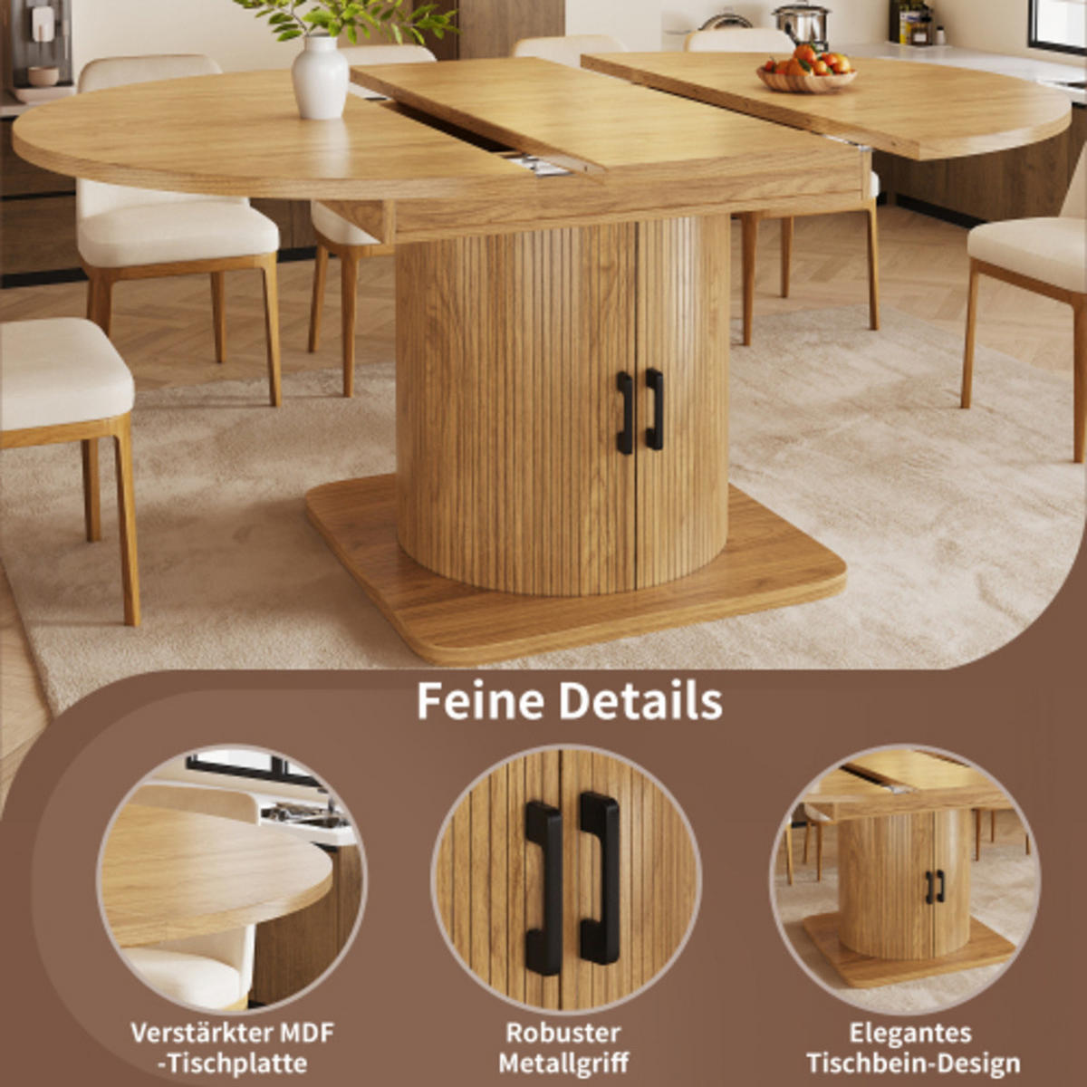 ESSTISCH Ausziehbarer 118-158×118×76 cm aus MDF und Metall mit integriertem Stauraum, naturfarben - Naturfarben, Holzwerkstoff (158/118/76cm) - Luhomfu