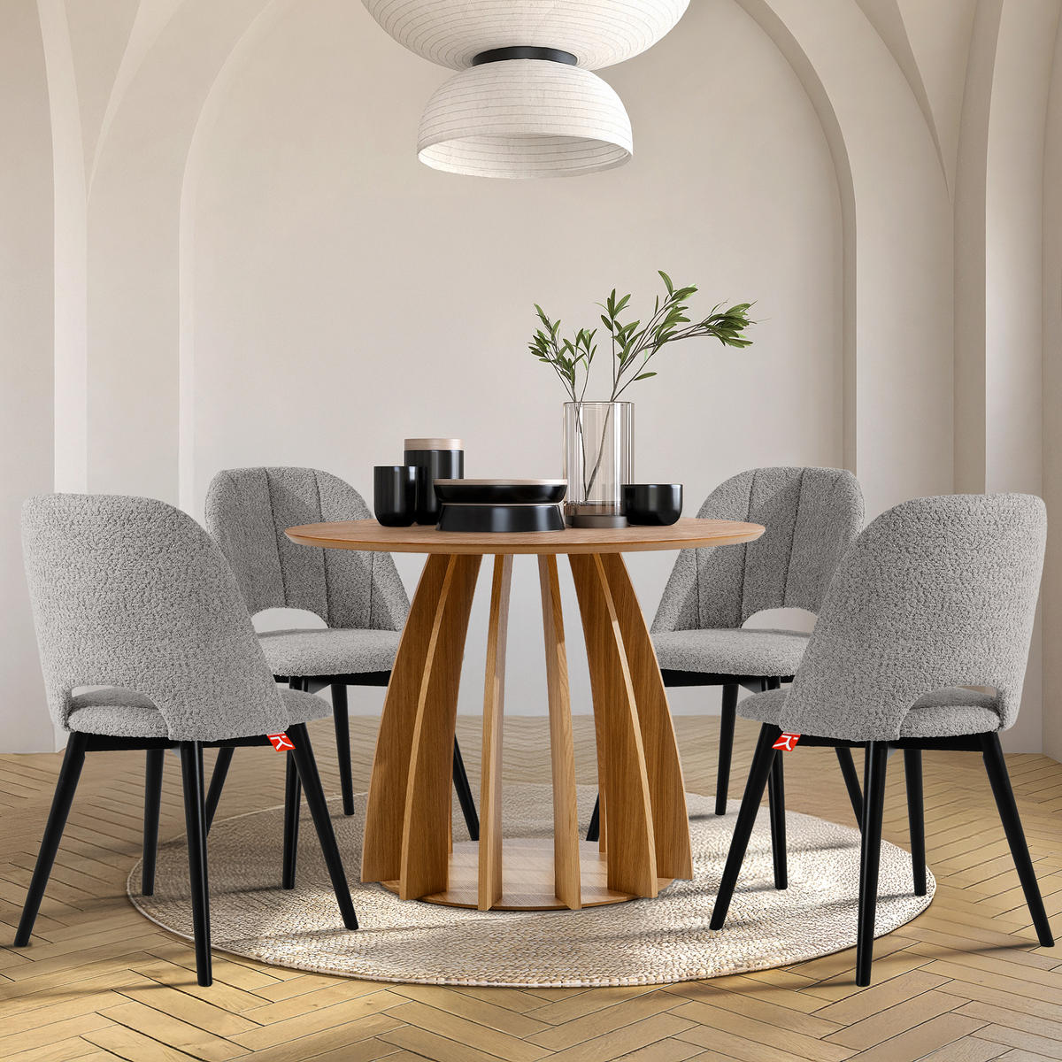 POLSTERSTUHL TINO Wohnzimmerstühl, 2-er Set, Bouclé - Schwarz/Grau, Holz/Textil (48/86/44cm) - KONSIMO®