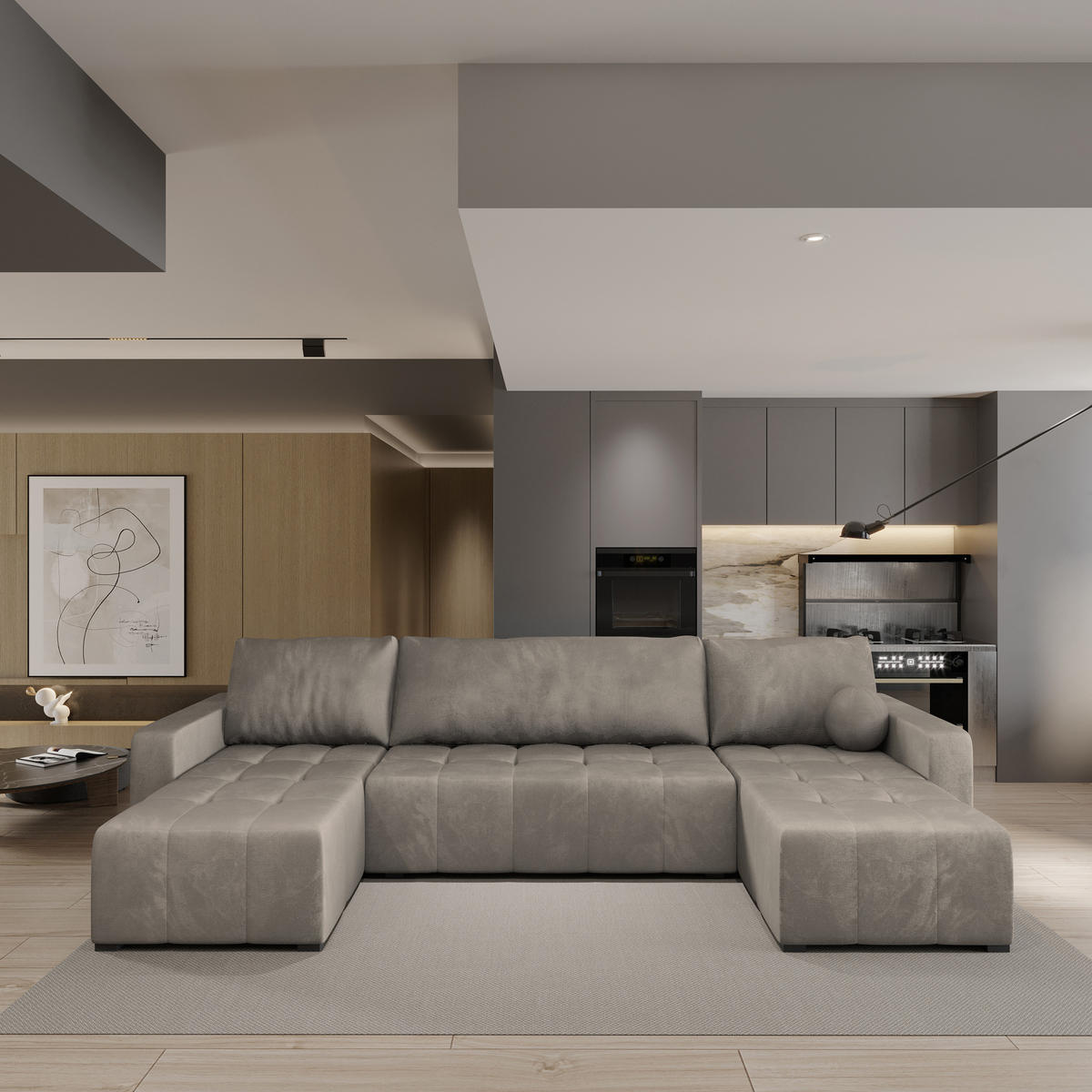 ROHOVÁ SEDAČKA TOLARI béžová - šedá/béžová, dřevo/textil (295/140cm) - MASSENO