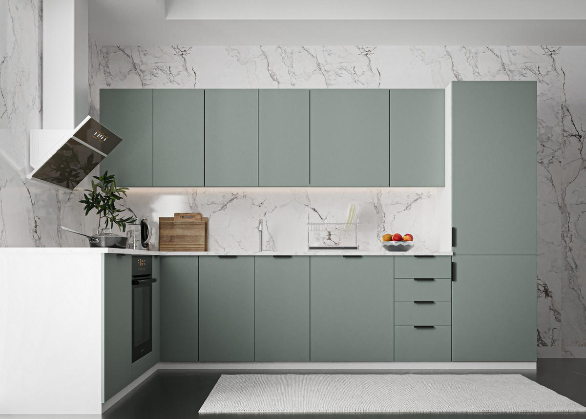 WINCKELKÜCHE 330 × 210 cm Sorento K52-M330 - Weiß/Grün, Holz/Metall (330/212/210cm)