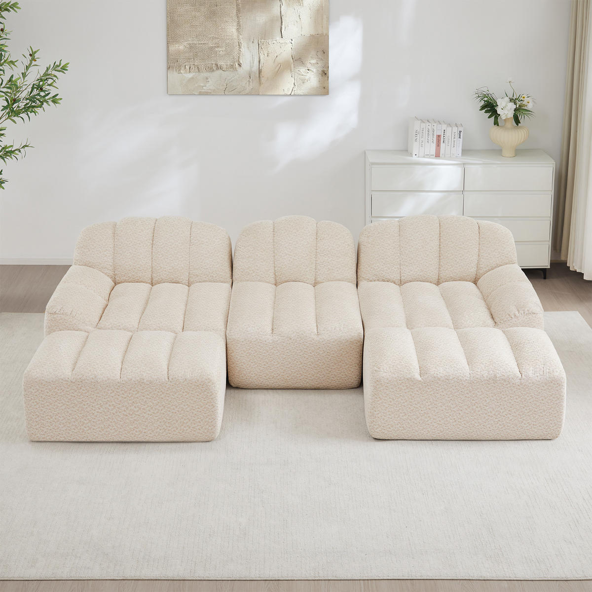WOHNLANDSCHAFT Granulierter Fleece Beige mit Ottomanen - Beige, Textil (188/79/165cm) - WISHDOR