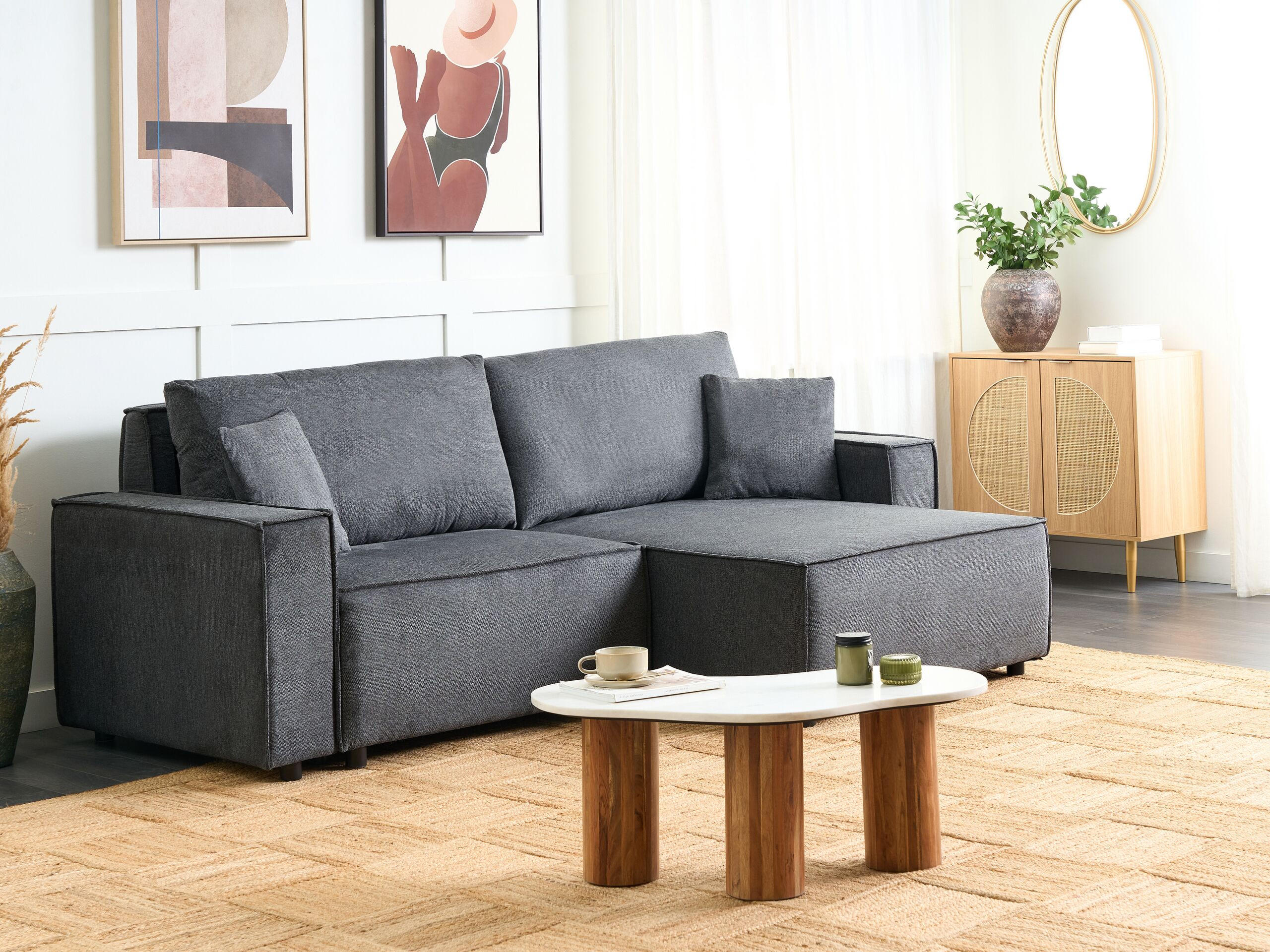 3-SITZER-ECKSOFA dunkelgrau rechtsseitig mit Schlaffunktion Stauraum Karila - Dunkelgrau, Textil (250/150cm) - Beliani