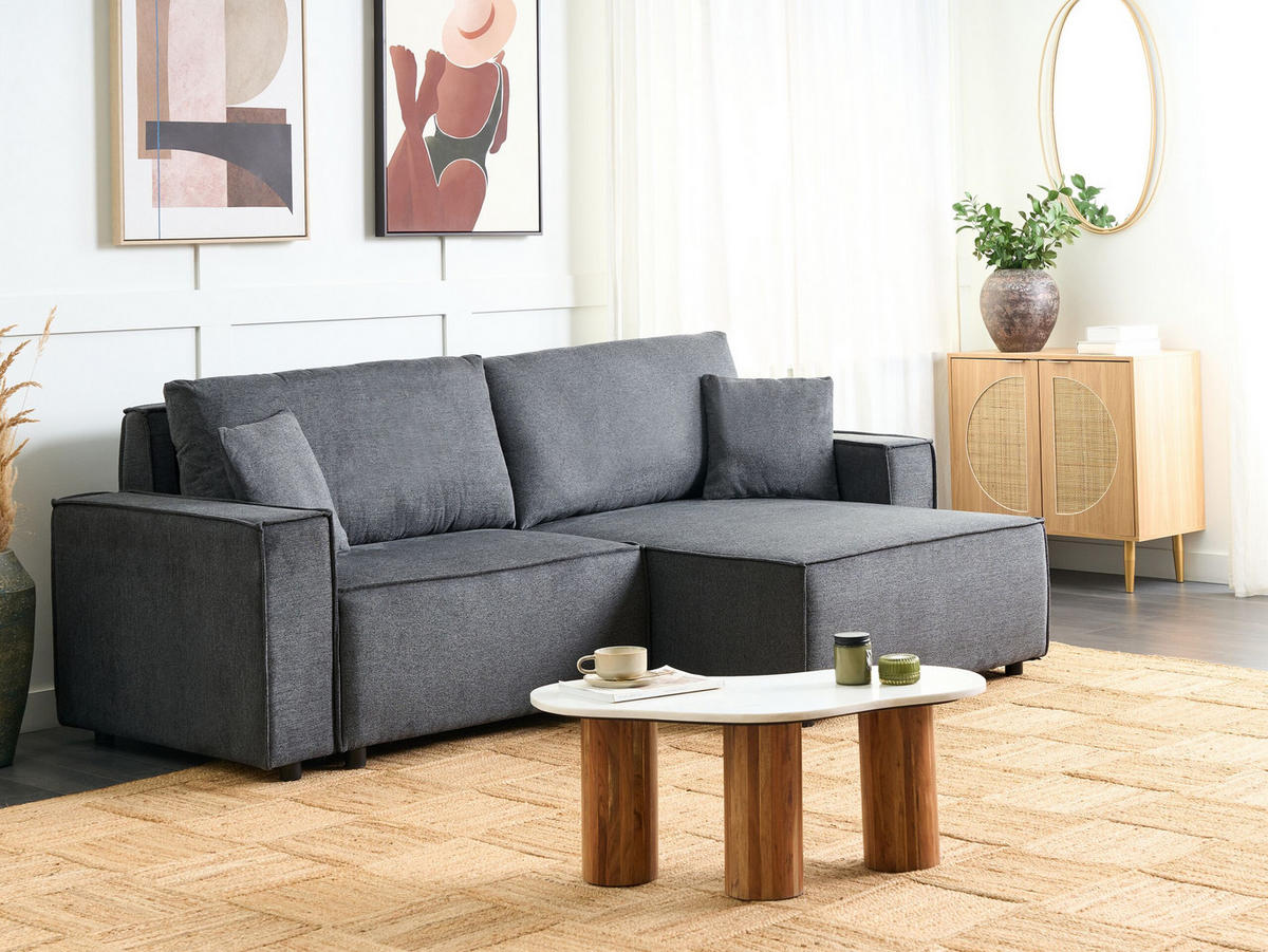 3-SITZER-ECKSOFA dunkelgrau rechtsseitig mit Schlaffunktion Stauraum Karila - Dunkelgrau, Textil (250/150cm) - Beliani
