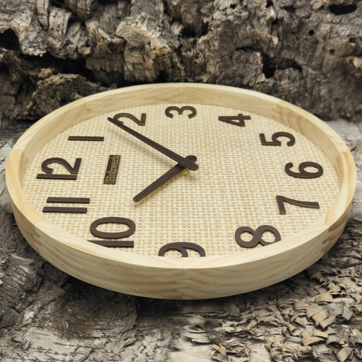 WANDUHR Holz BOHO Rattan SAARBURG Loft Wand Uhr, beige, braun - Beige/Braun, Holz/Kunststoff (30/30/4.8cm) - Holzwerk
