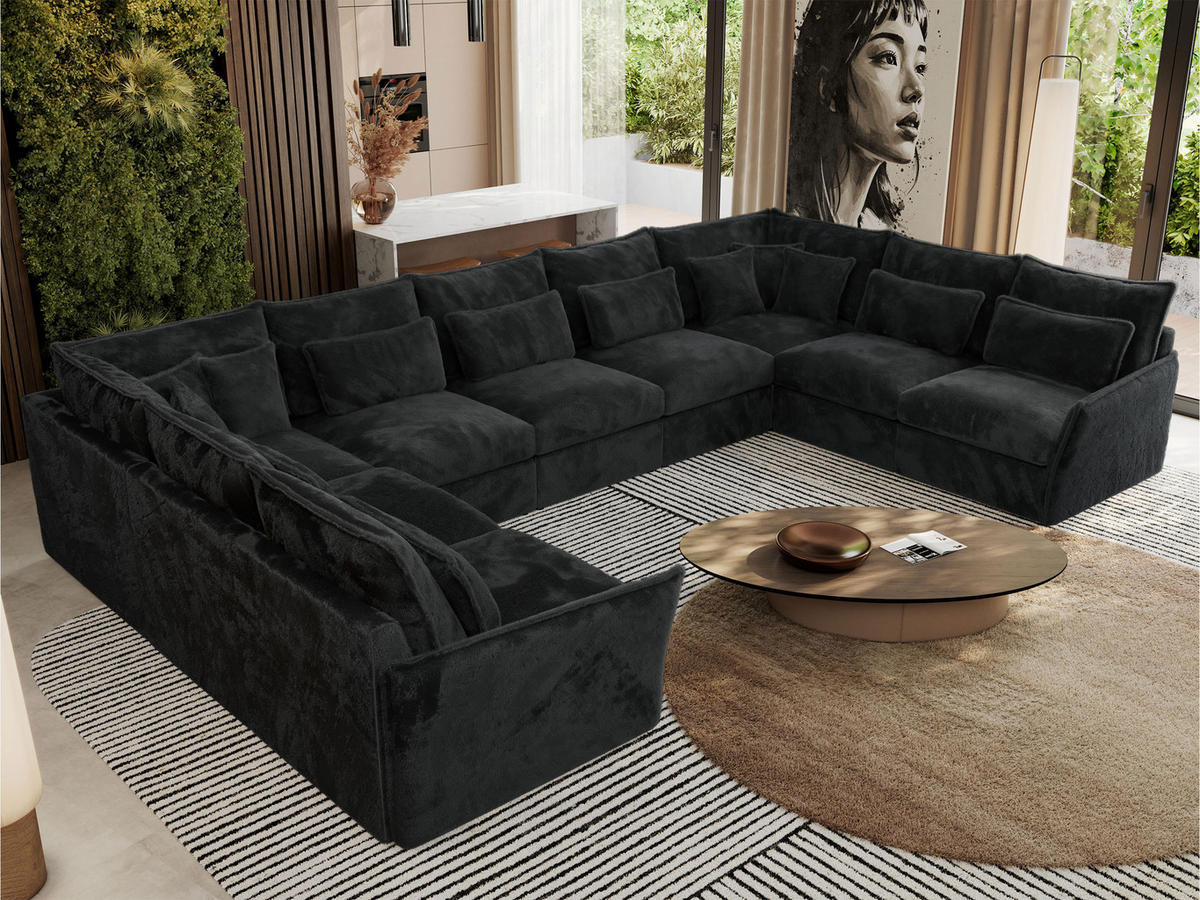 WOHNLANDSCHAFT VERSO U 9M Dunkelgrau Plüsch - Dunkelgrau/Schwarz, Kunststoff/Textil (442/93/270cm) - MKS