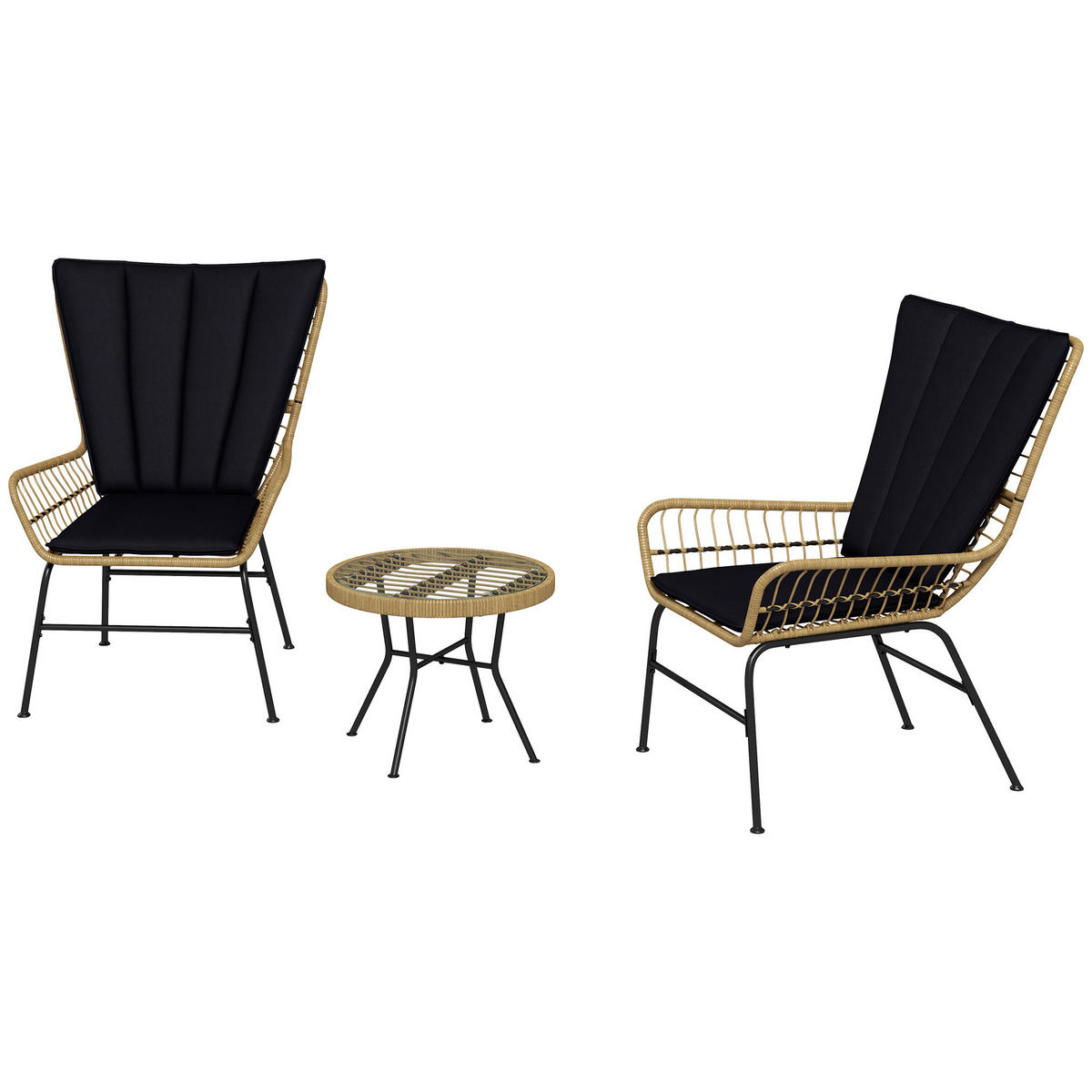 BISTRO-SET DE-06713 Boho-Stil, 3-teilig, mit Glasplatte Schwarz - Schwarz, Kunststoff/Metall - ComfortXL