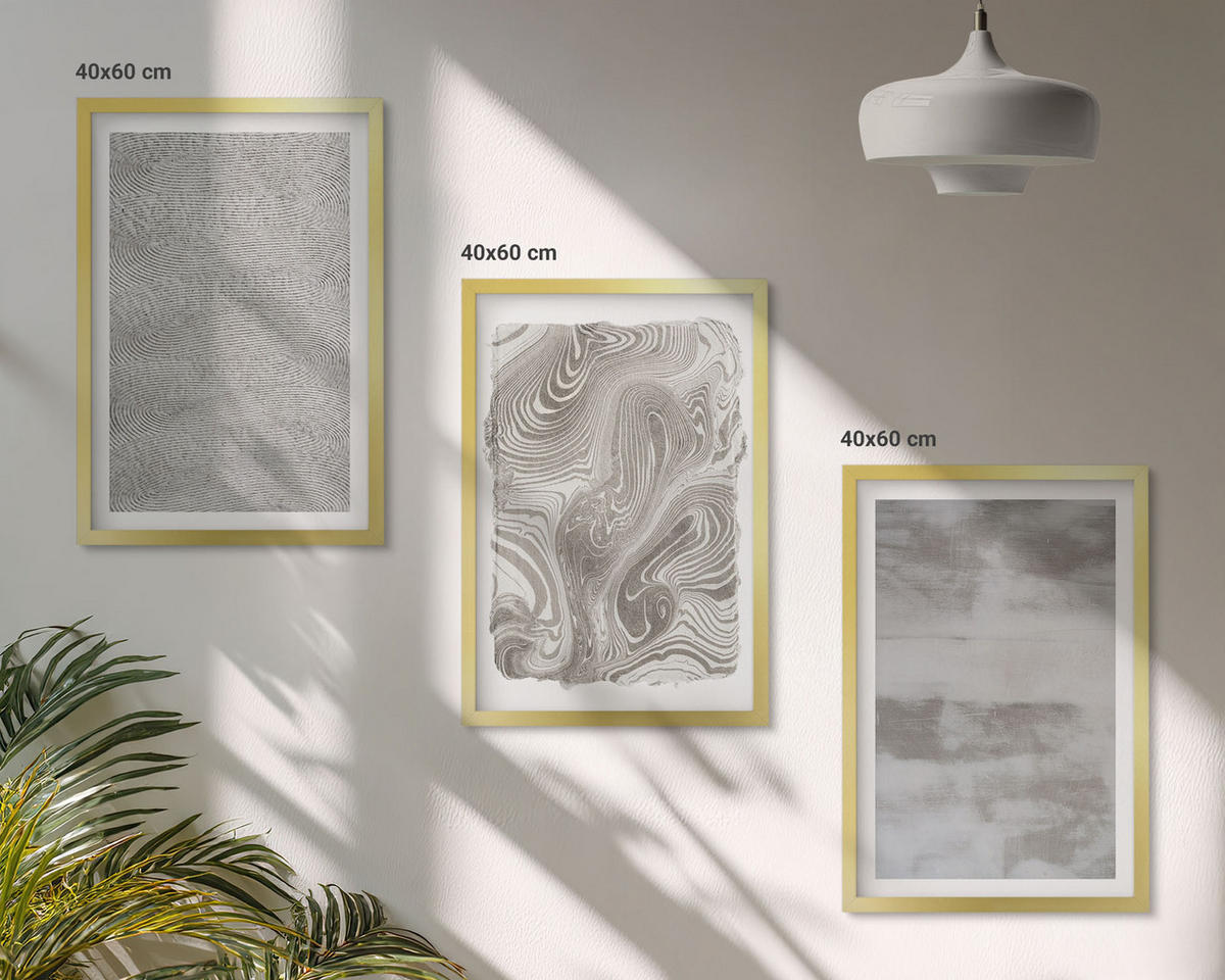 BILDER SET 3er Set - 40x60 cm Goldrahmen - Industrielle abstrakte Muster - Goldfarben, Kunststoff (40/60cm) - TULUP