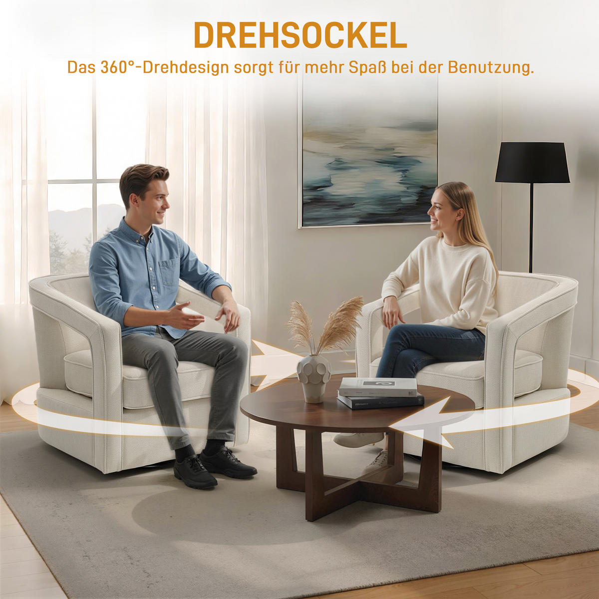 SESSEL DE-06569 360° drehbar, Loungesessel, einteilige Rücken- und Armlehnen Beige - Beige, Textil/Metall (75/72/77cm) - ComfortXL