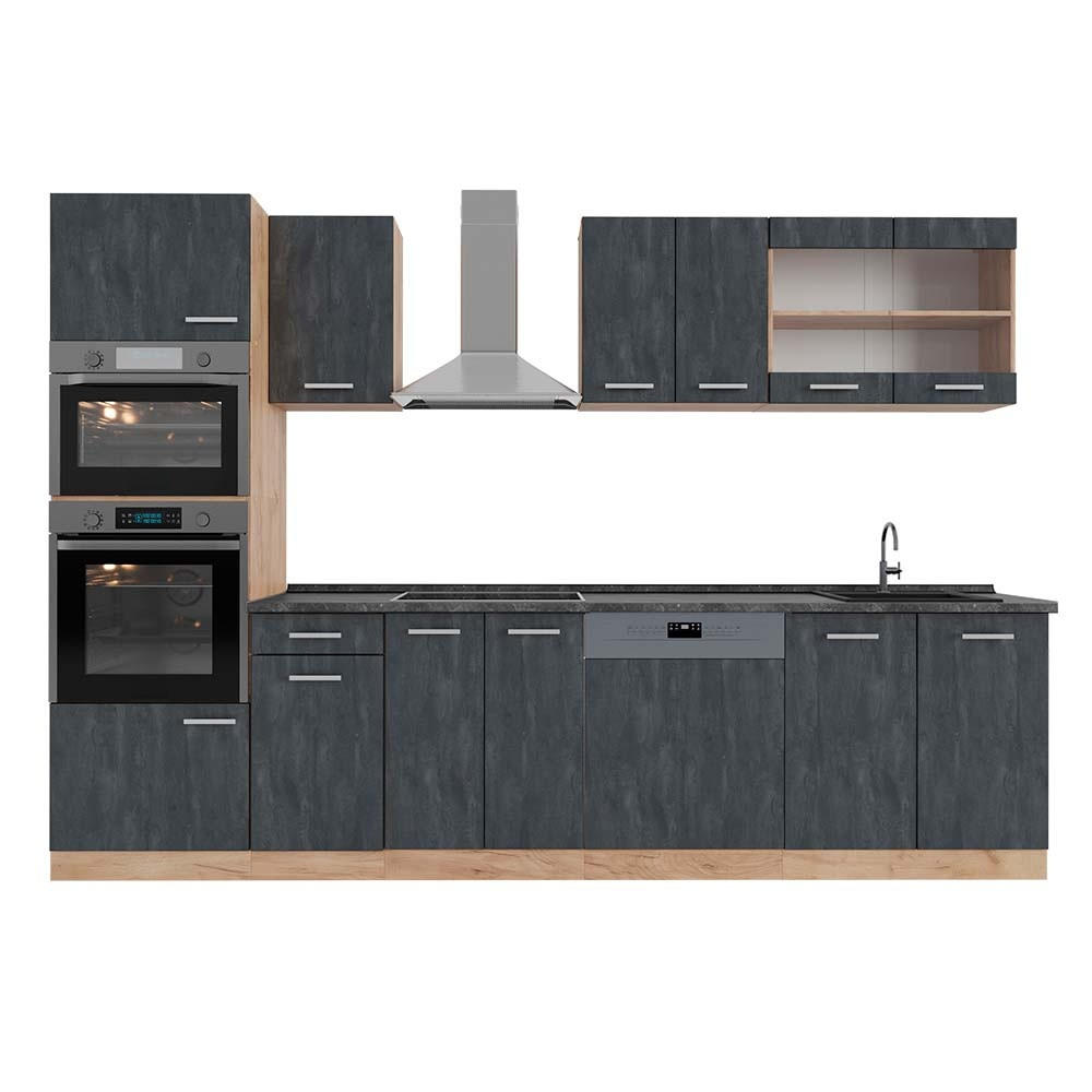 KÜCHENZEILE R-Line Schwarz Beton/Goldkraft Eiche 300 cm AP Anthrazit - Honigeiche/Schwarz, Holzwerkstoff (300/206.8/60cm) - Vicco