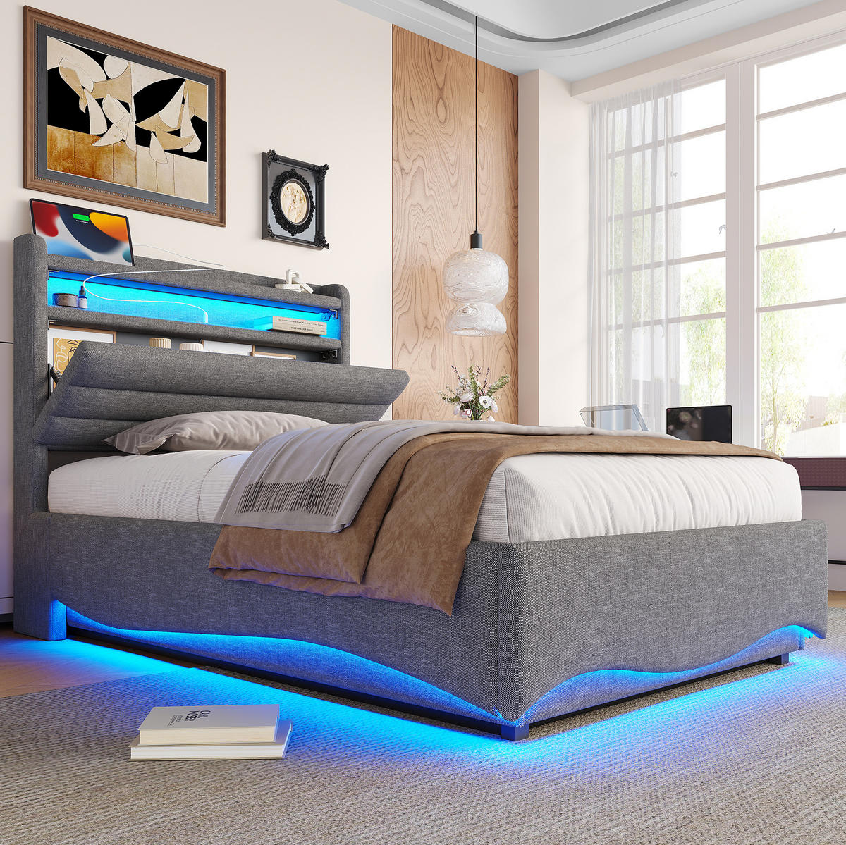 ČALÚNENÁ posteľ z ľanovej tkaniny 90x200 cm sivá s LED osvetlením, hydraulickým úložným priestorom a USB-C - sivá, textil (90/200cm) - Modfu