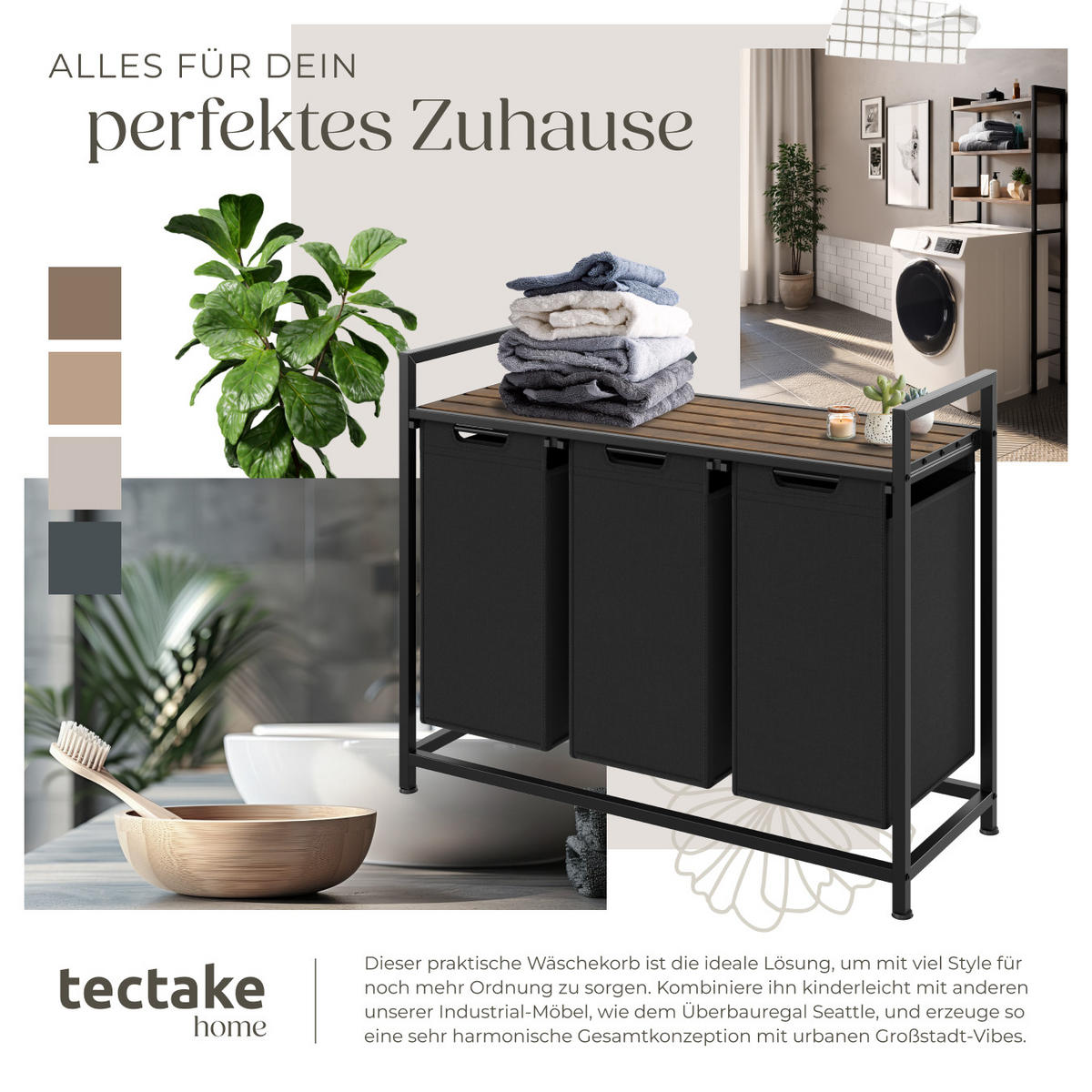WÄSCHESORTIERER, höhenverstellbare Kunststofffüße,schwarz/braun - Schwarz/Braun, Metall (93.5/72/34cm) - tectake