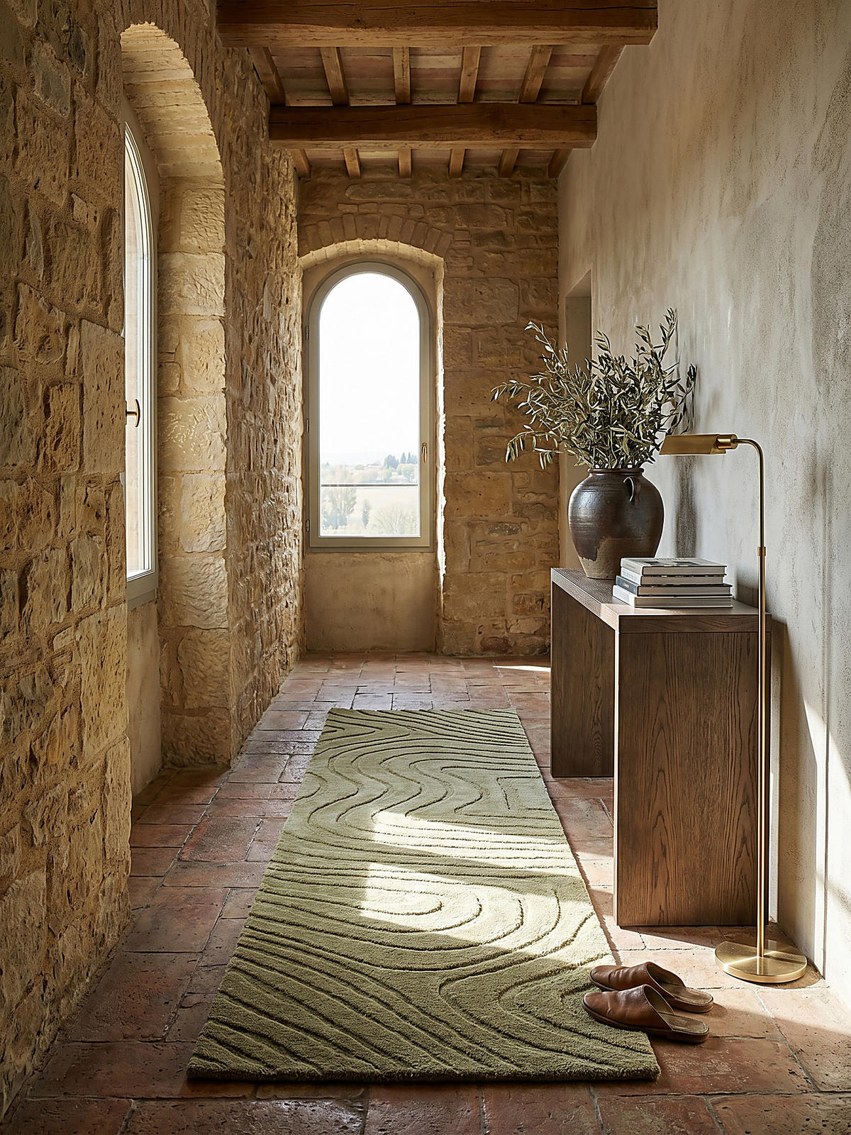 WOLLTEPPICH LEVEN, abstrakt, Olivegrün, 60 x 230 cm - Grün, Textil (230/60cm) - KADIMA DESIGN