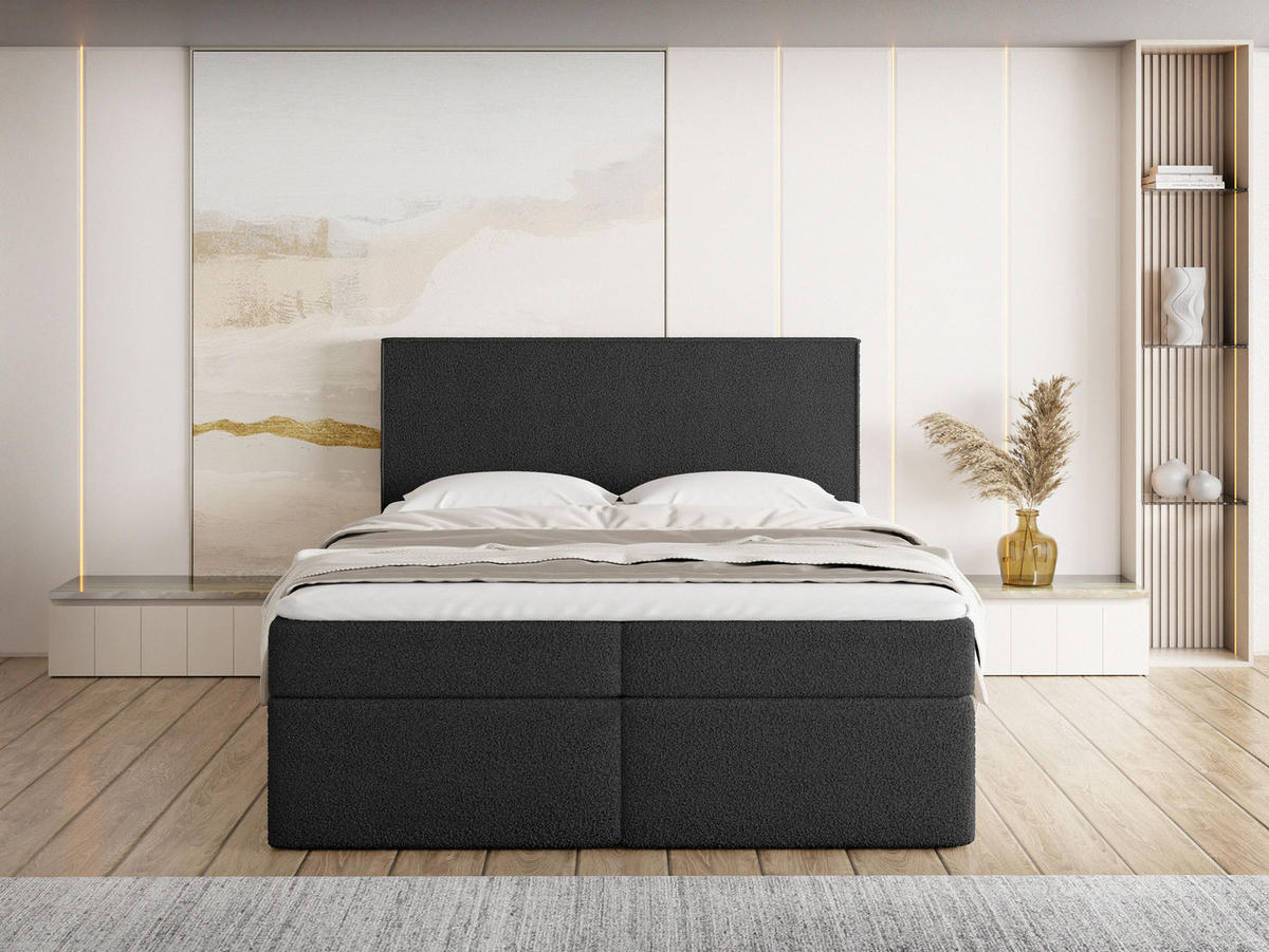 BOXBETT Terra mit Bettkasten, Schwarz Boucle 180x200 cm – inkl. H3 Matratze und H3 Foam Topper - Schwarz, Holzwerkstoff/Kunststoff (180/200cm) - WFL GROUP