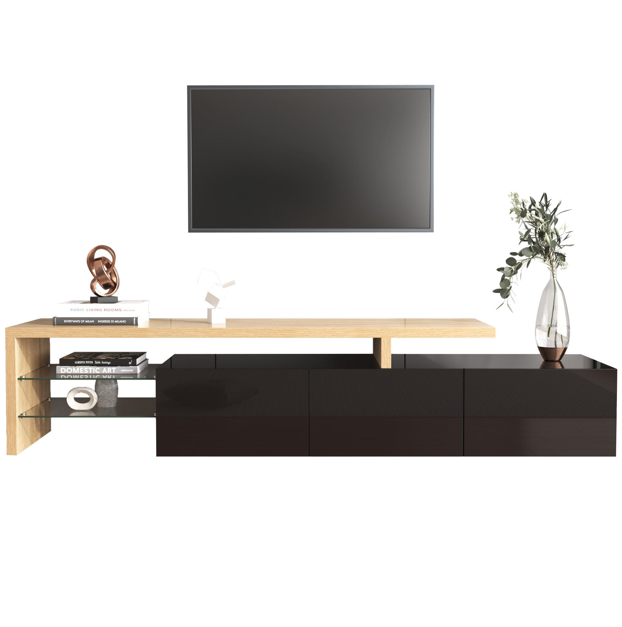 LOWBOARD 197.5/39/42 cm in Natur/Schwarz aus MDF und Glas mit 7-farbiger LED-Beleuchtung - Naturfarben, Holzwerkstoff (39/42/197.5cm) - OKMYHOME