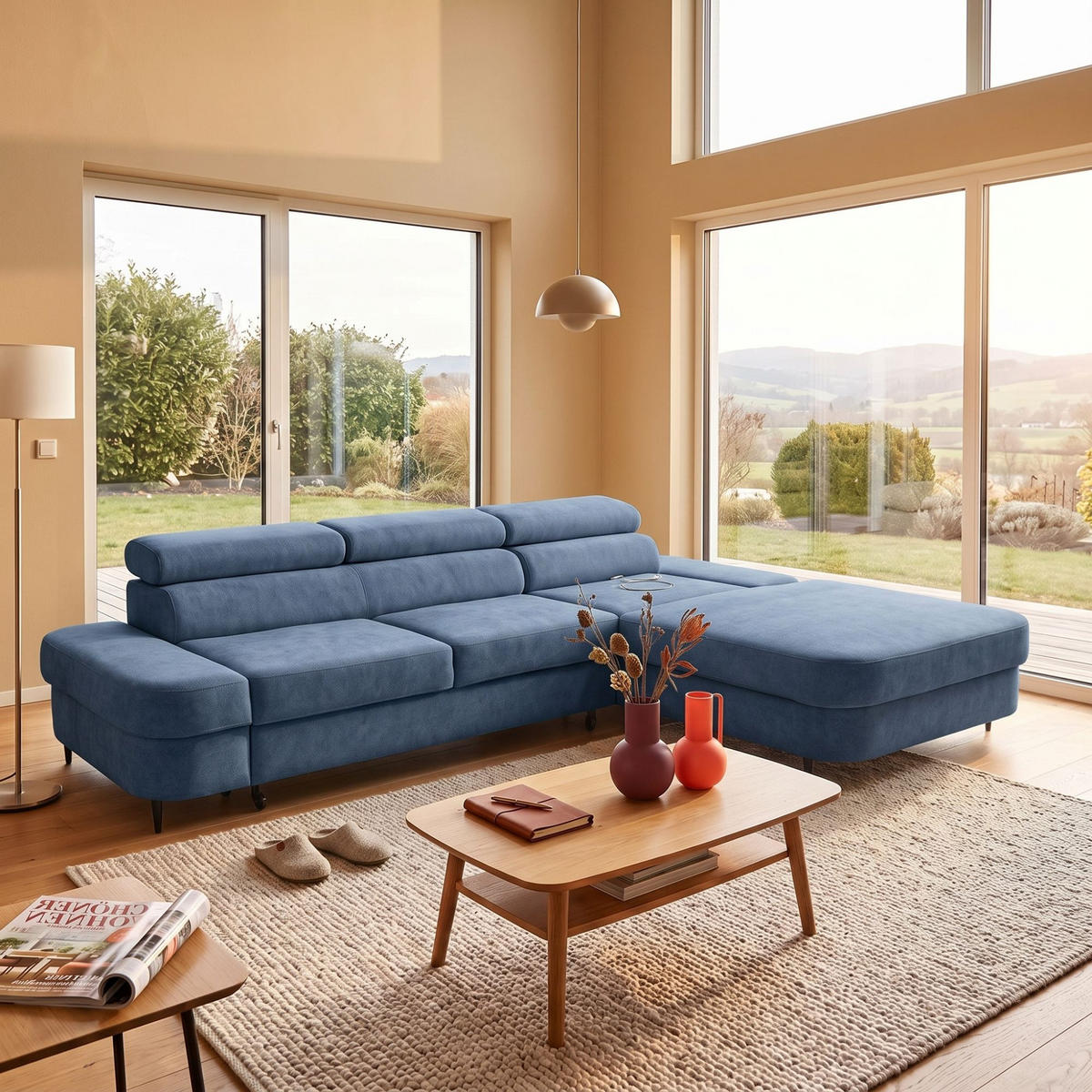 ECKSOFA JAZZ L Rechts mit Schlaffunktion 127x216 Velours Blau - Blau/Schwarz, Holz/Textil (237/285cm) - Muffo