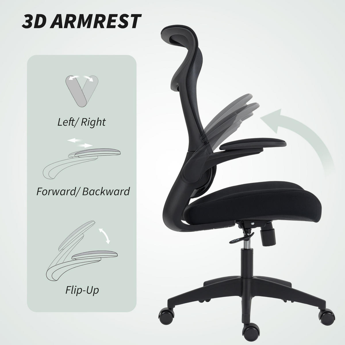 KANCELÁŘSKÁ ŽIDLE s 3D opěrkami, síťovým potahem a opěrkou hlavy, ergonomická - černá, textil/plast (64/118/65cm) - HOMCOM