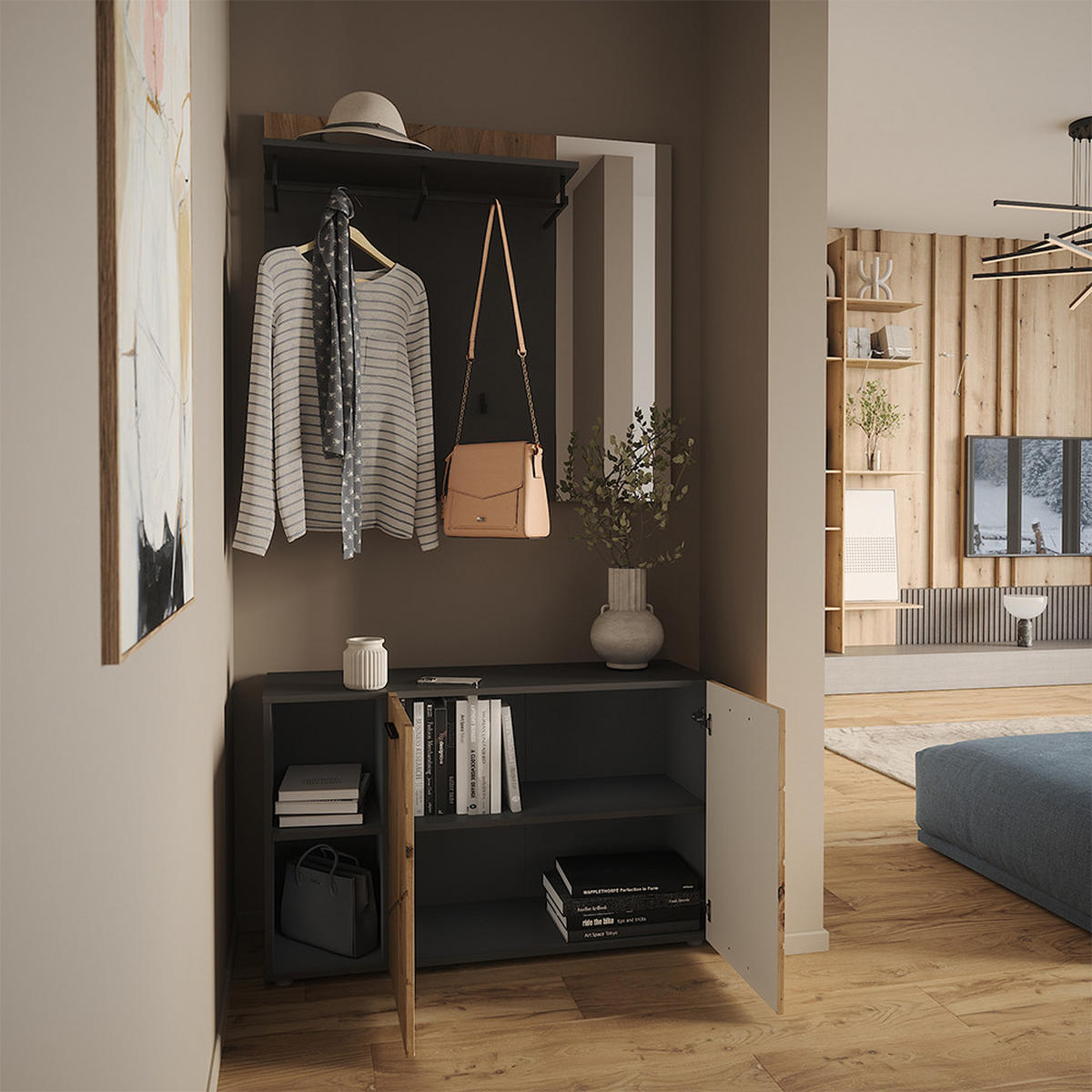 GARDEROBE Irma Anthrazit/Artisan 106 x 63 cm Set mit Schuhschrank und Wandgarderobe mit Spiegel - Anthrazit, Holzwerkstoff (106/63/37cm) - Vicco