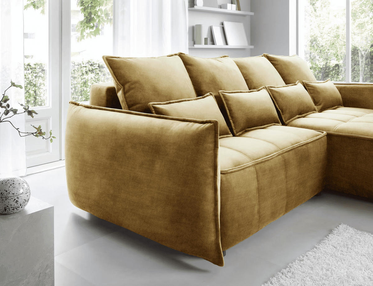 ECKSOFA mit Schlaffunktion und Bettkasten - Gelb, Textil (196/265cm) - Eltap