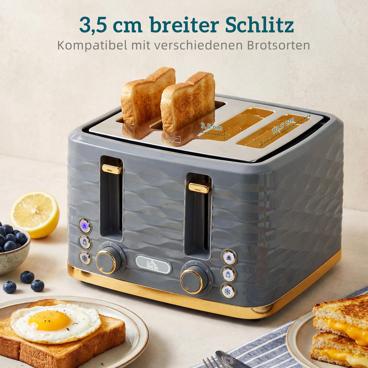 TOASTER DE-07955 4 Scheiben, 7 Bräunungsstufen, Wellenoptik Grau - Grau, Kunststoff (27.5/18.9/29.2cm) - ComfortXL