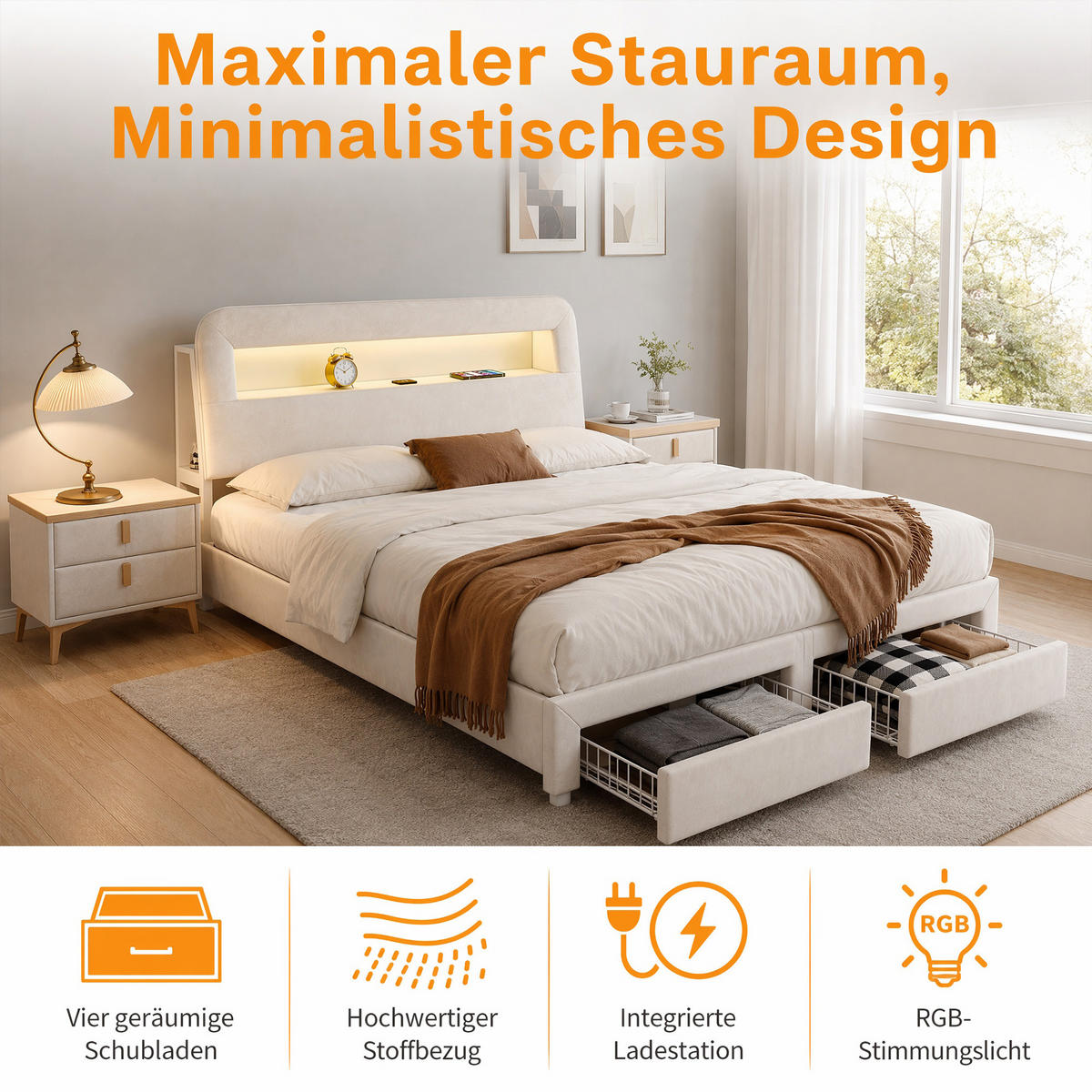 POLSTERBETT 140x200 cm, USB und LED, mit 2 Schubladen, Doppelbettrahmen 140x200 cm, Samt in Cremeweiß - Beige, Holzwerkstoff/Textil (140/200cm) - GENKI LIVING
