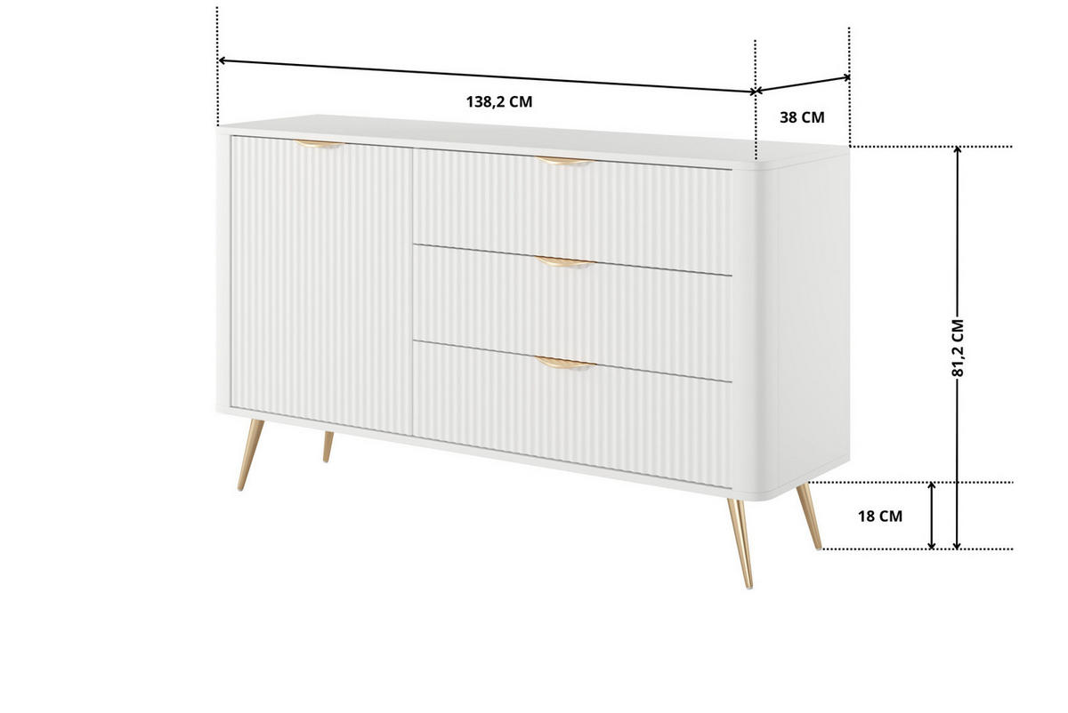 SIDEBOARD Kommode Flore 138 cm Weiß / Gold - mit 3 Schubladen und 1 Tür - Gelb/Goldfarben, Holz/Holzwerkstoff (138/81/38cm) - Ravio
