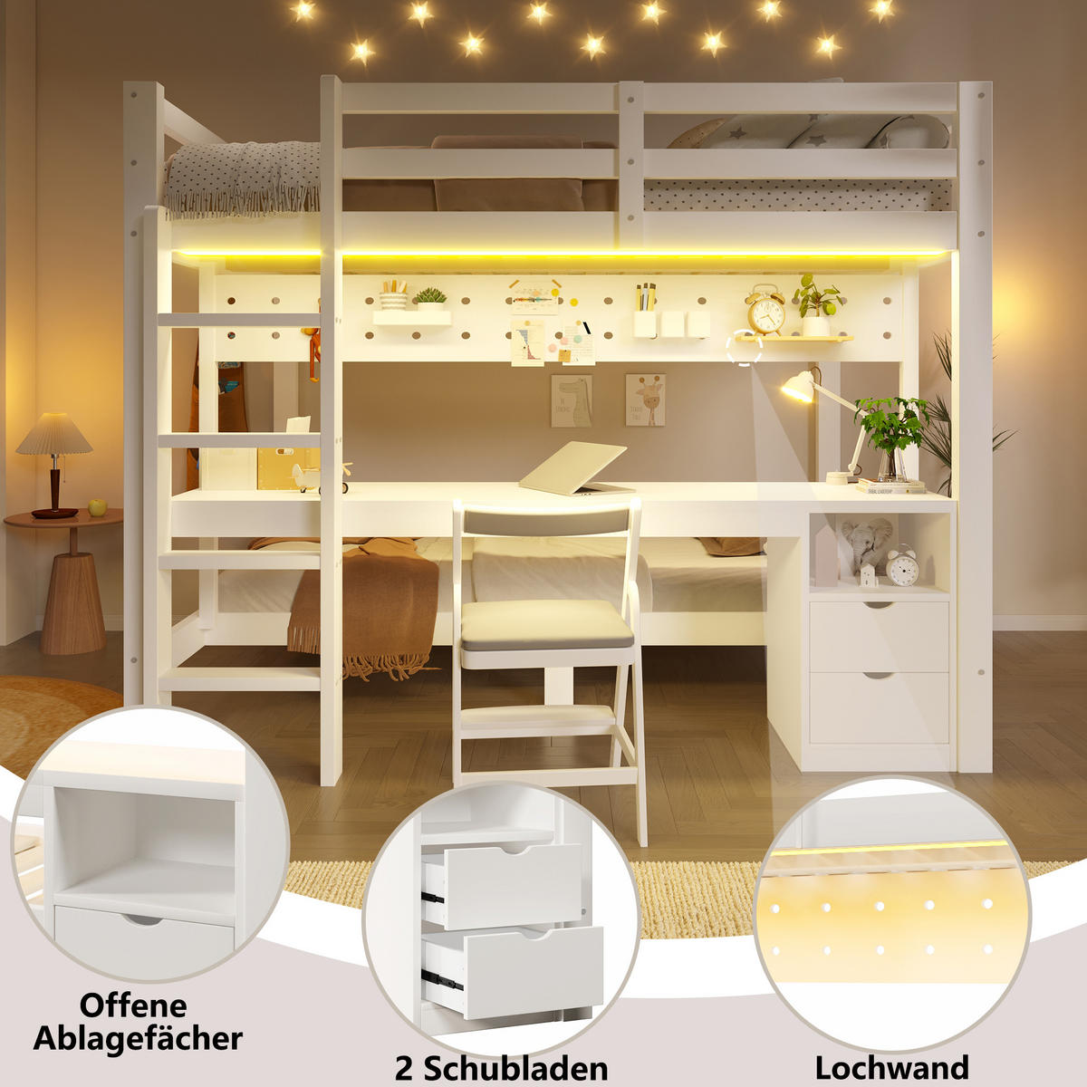 HOCHBETT 140/200 cm & 90/200 cm in Weiß mit Schubladen, Schreibtisch, Lochplatte und LED - Weiß, Holz/Holzwerkstoff (140/200cm) - CHICFURN