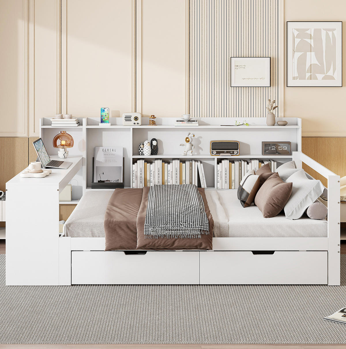 HOLZBETT 140/200 cm mit Schreibtisch, Regalen und USB-Steckdose - Weiß, Holz (140/200cm) - BEAOK