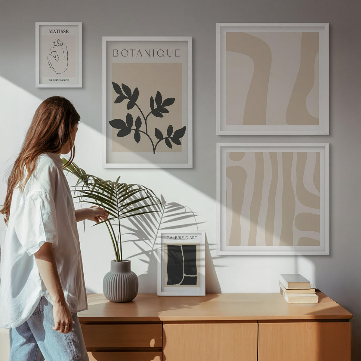 WANDBILDER 5er-Set - 50x50 cm & 20x30 cm & 40x60 cm Weißer Rahmen - Abstrakte Pflanzenmotive - Weiß, Kunststoff (40/60cm) - ArtPrintCave