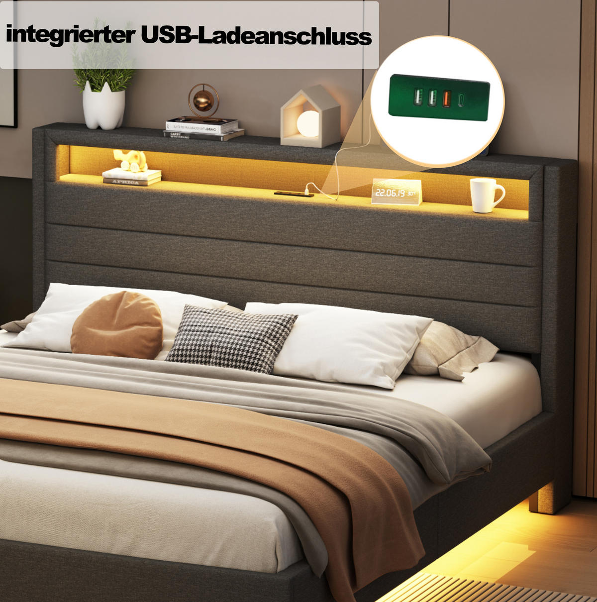 POLSTERBETT 160/200 cm grau aus Stoff mit LED-Beleuchtung und USB-Steckdose - Grau, Textil (160/200cm) - OKMYHOME