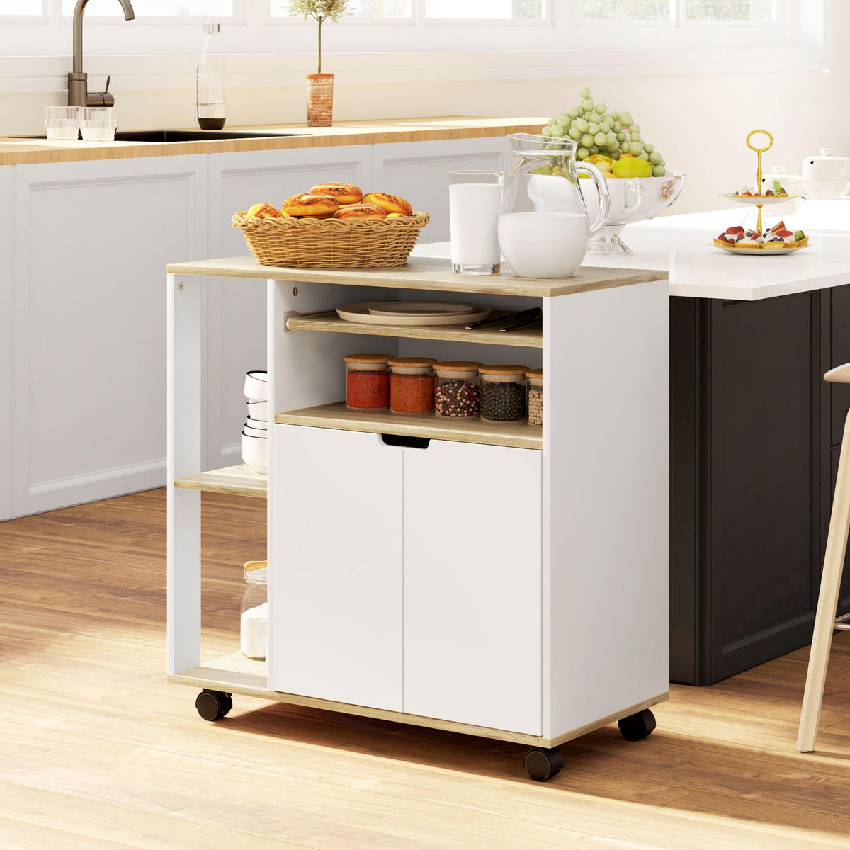 KÜCHENWAGEN Servierwagen mit Schrank, verschiebbaren, verstellbaren Einlegeböden - Multicolor/Schwarz, Holzwerkstoff/Kunststoff (40/82/80cm) - HOMCOM