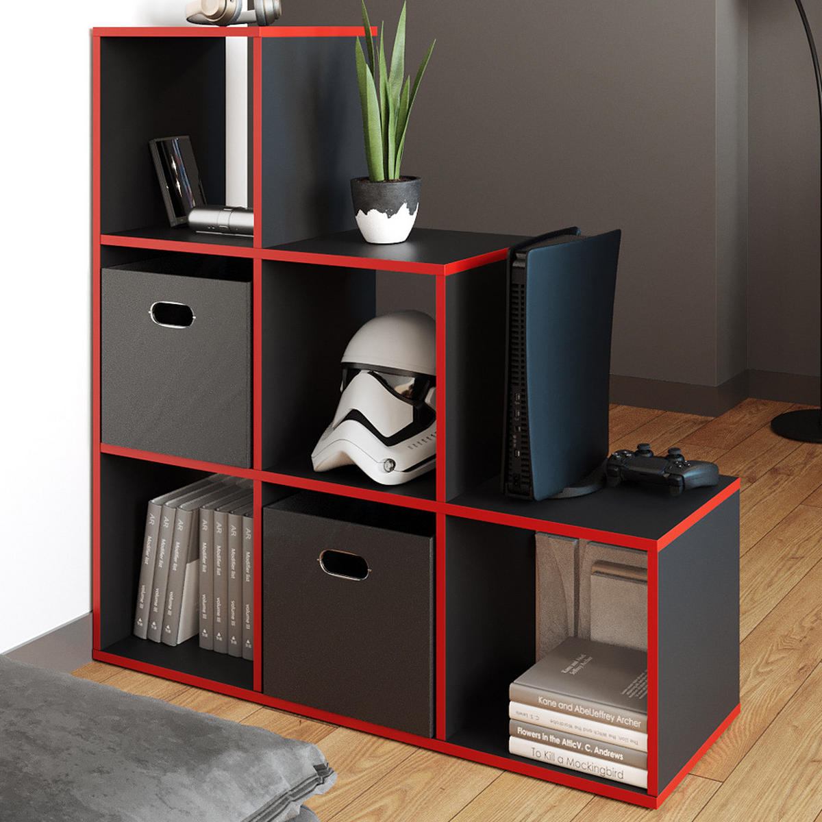 TREPPENREGAL Schwarz/Rot 107.2 x 107.8 cm - Rot/Schwarz, Holzwerkstoff (107.2/107.8/29cm) - Vicco