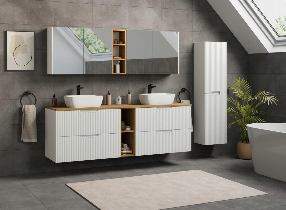 WASCHBECKUNTERSCHRANK VENA 140 cm mit Arbeitsplatte Farbe: Mattweiß mit einem Regal Gerillte Vorderseite Mattweiß - Weiß, Holzwerkstoff (140/58/46cm) - Rodan