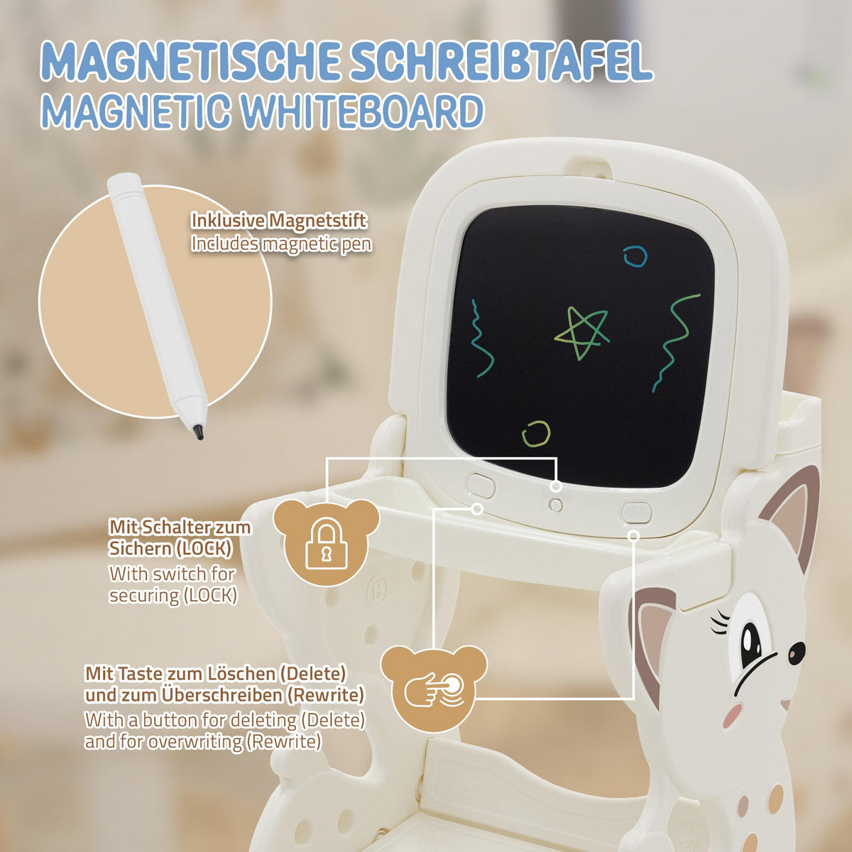 HRACÍ STOLEK bílý s LCD tabulí Dětská stolička a příslušenství - bílá, plast (41/76/45cm) - Joyz